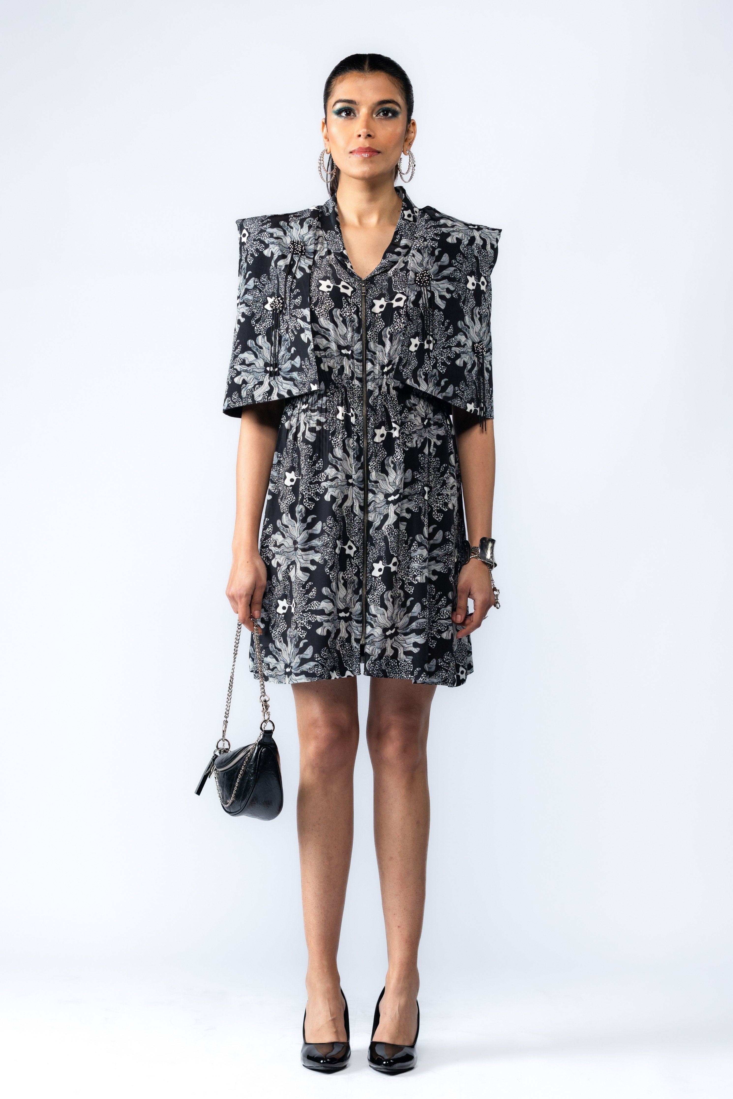 Black Embroidered Cape Dress