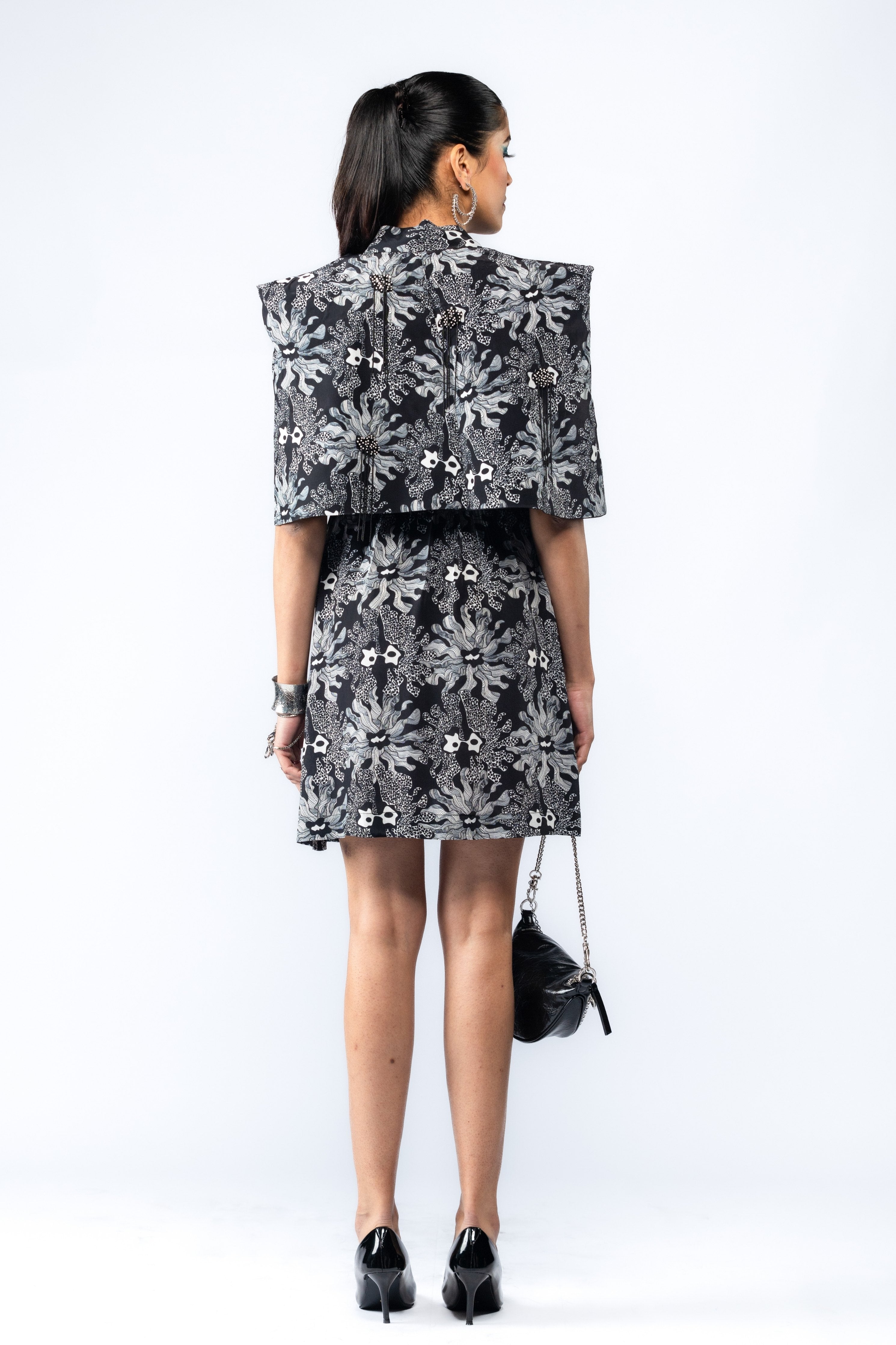 Black Embroidered Cape Dress