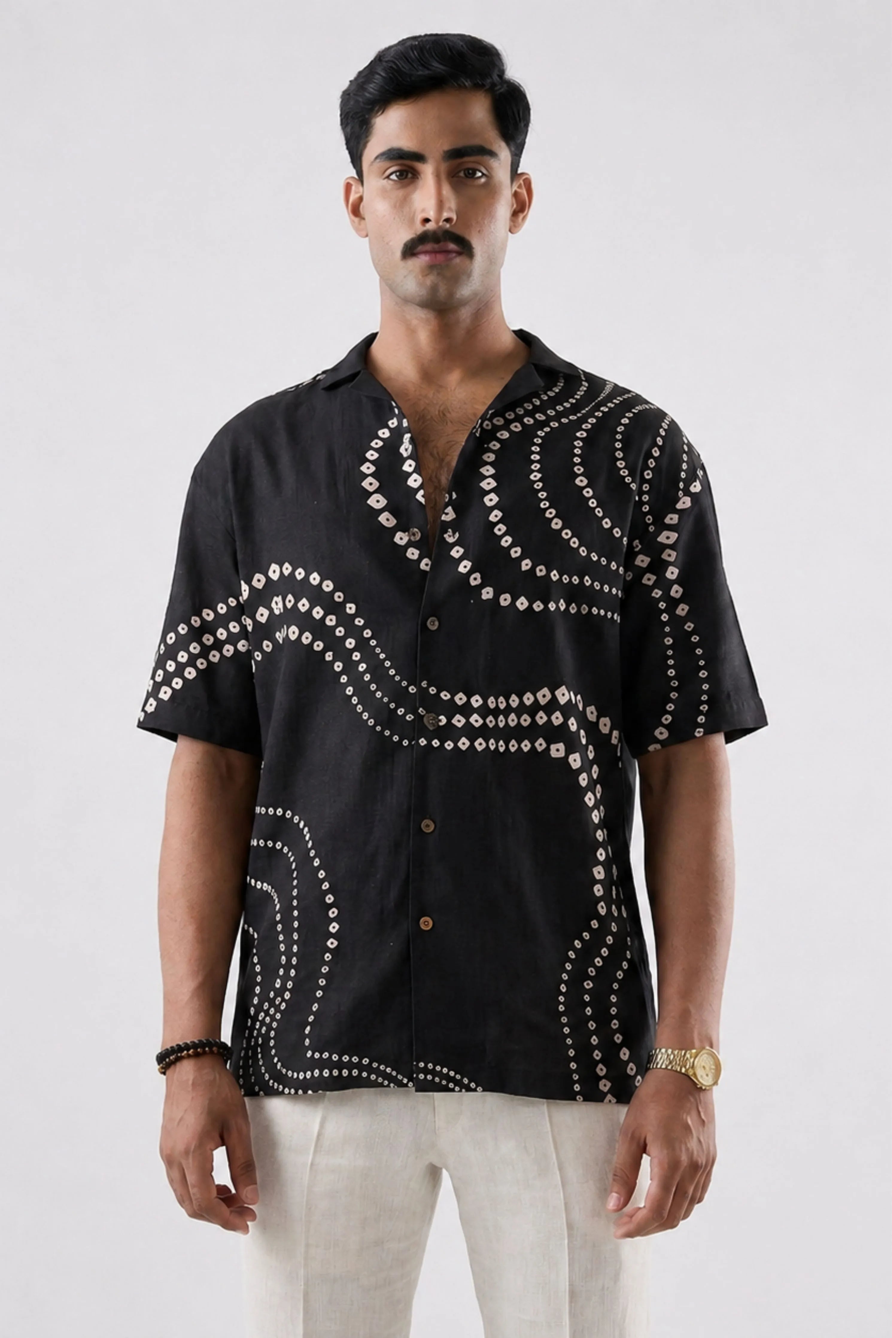 Black Bandhani Cuban Collar Shirt