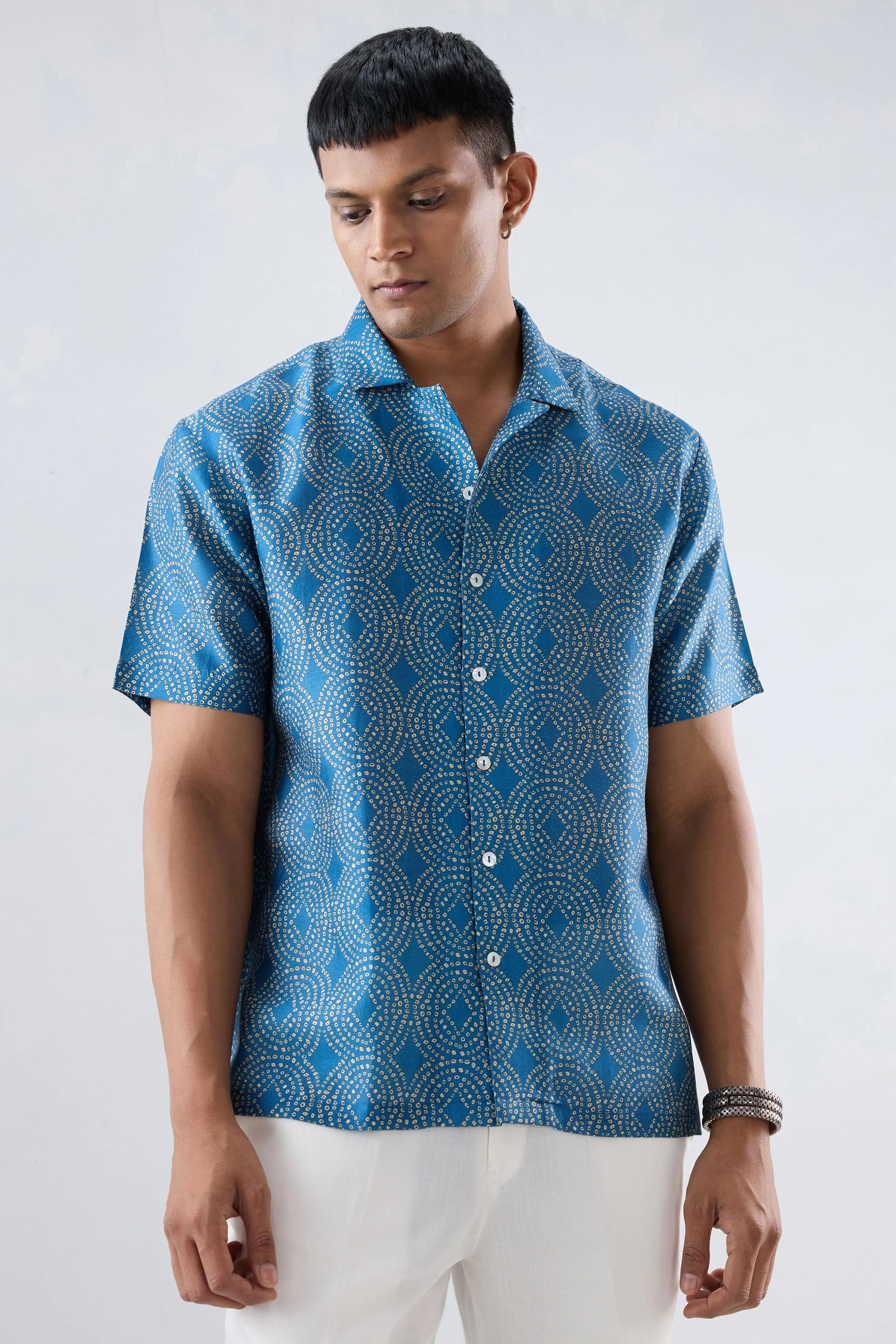 Dark Blue Bandhani Cuban Collar Shirt
