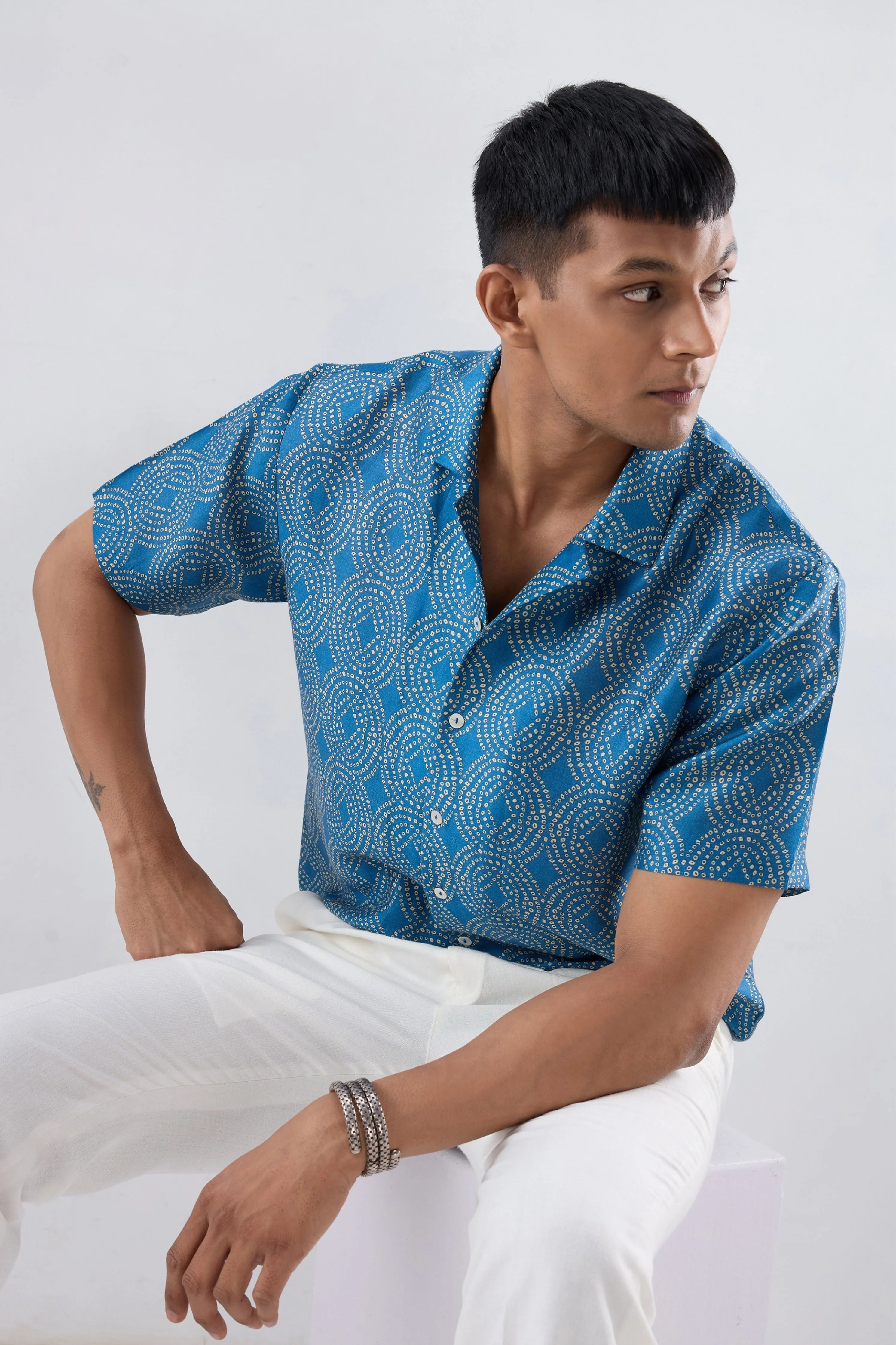 Dark Blue Bandhani Cuban Collar Shirt
