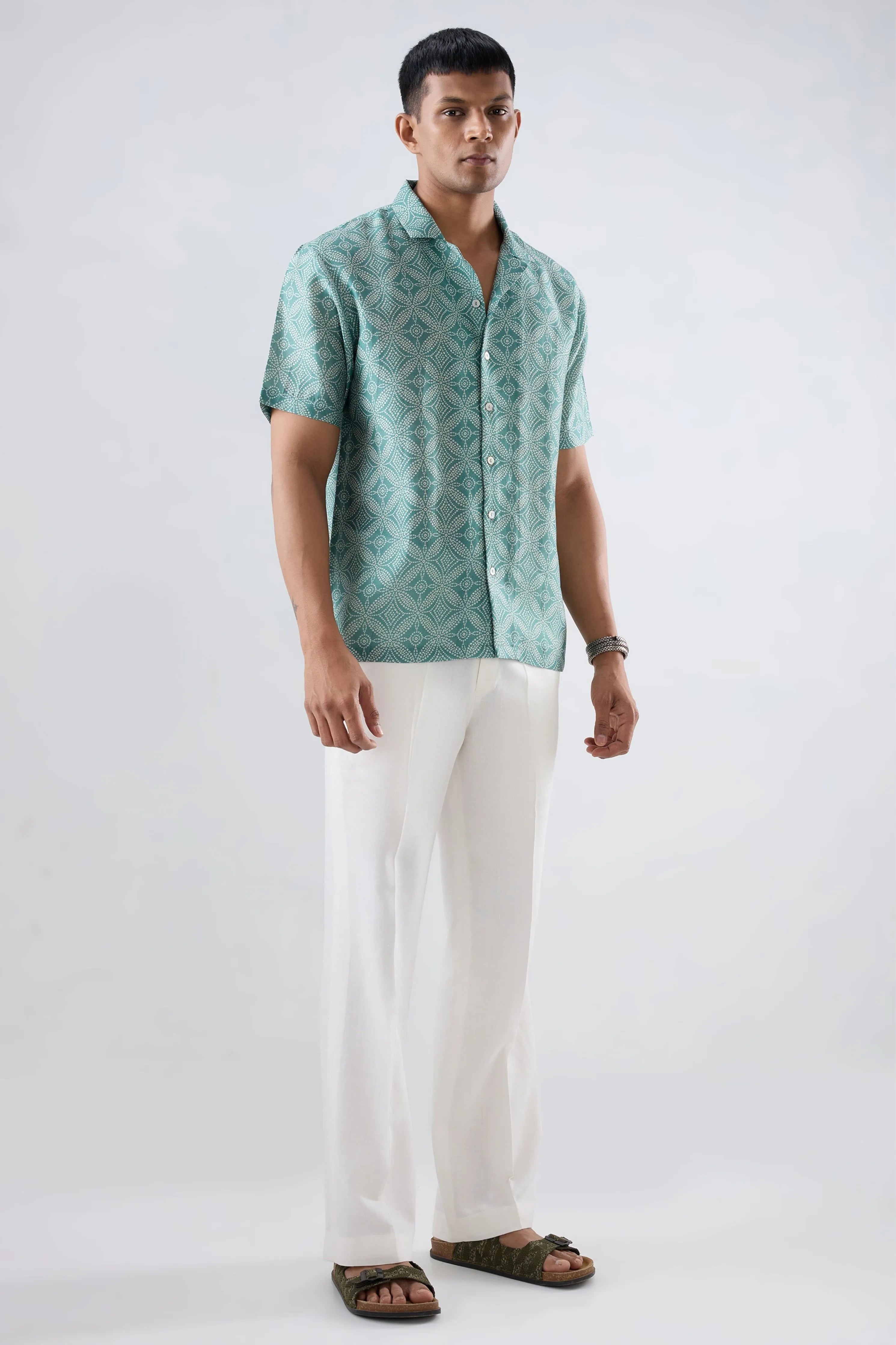 Turquoise Bandhani Cuban Collar Shirt