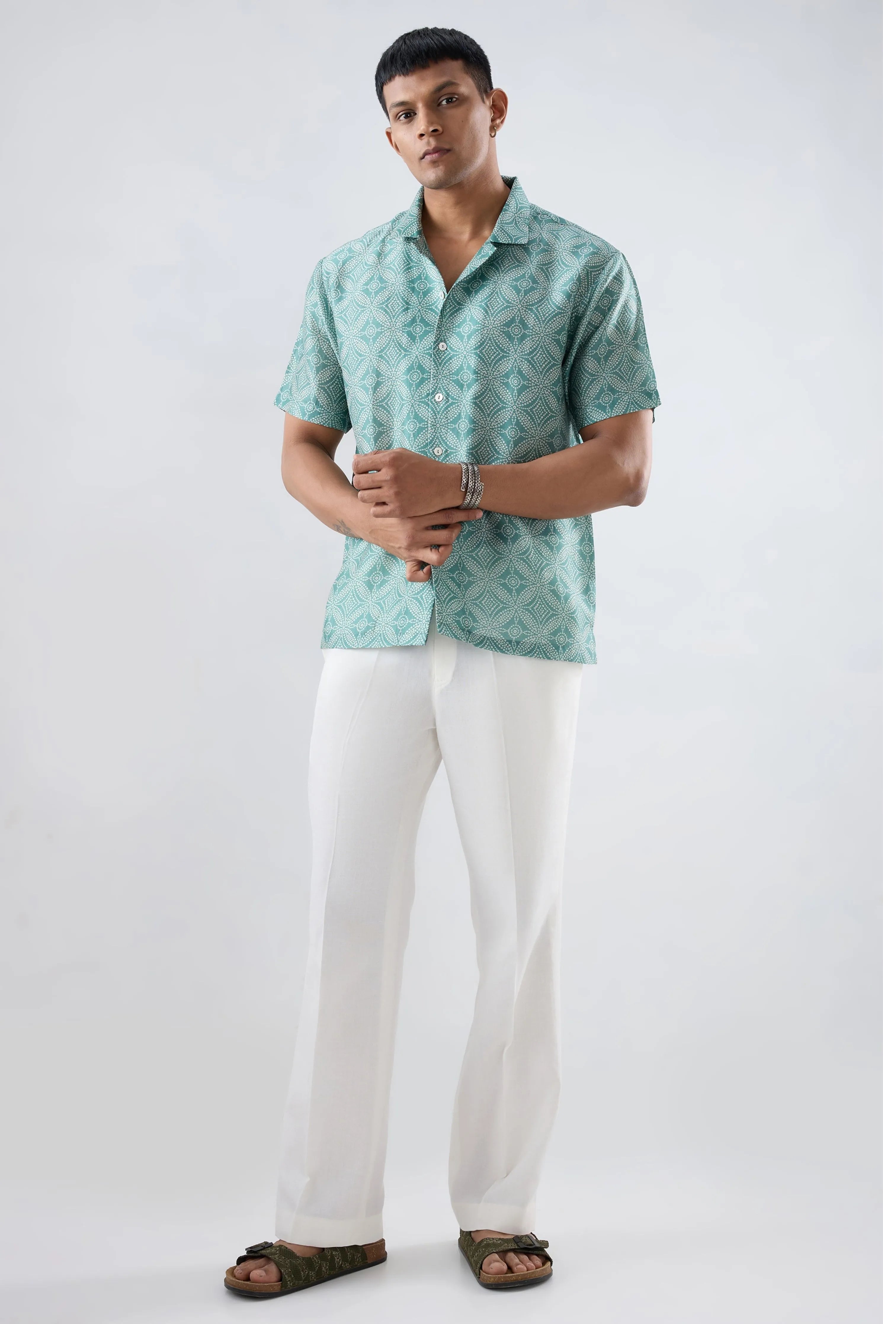 Turquoise Bandhani Cuban Collar Shirt