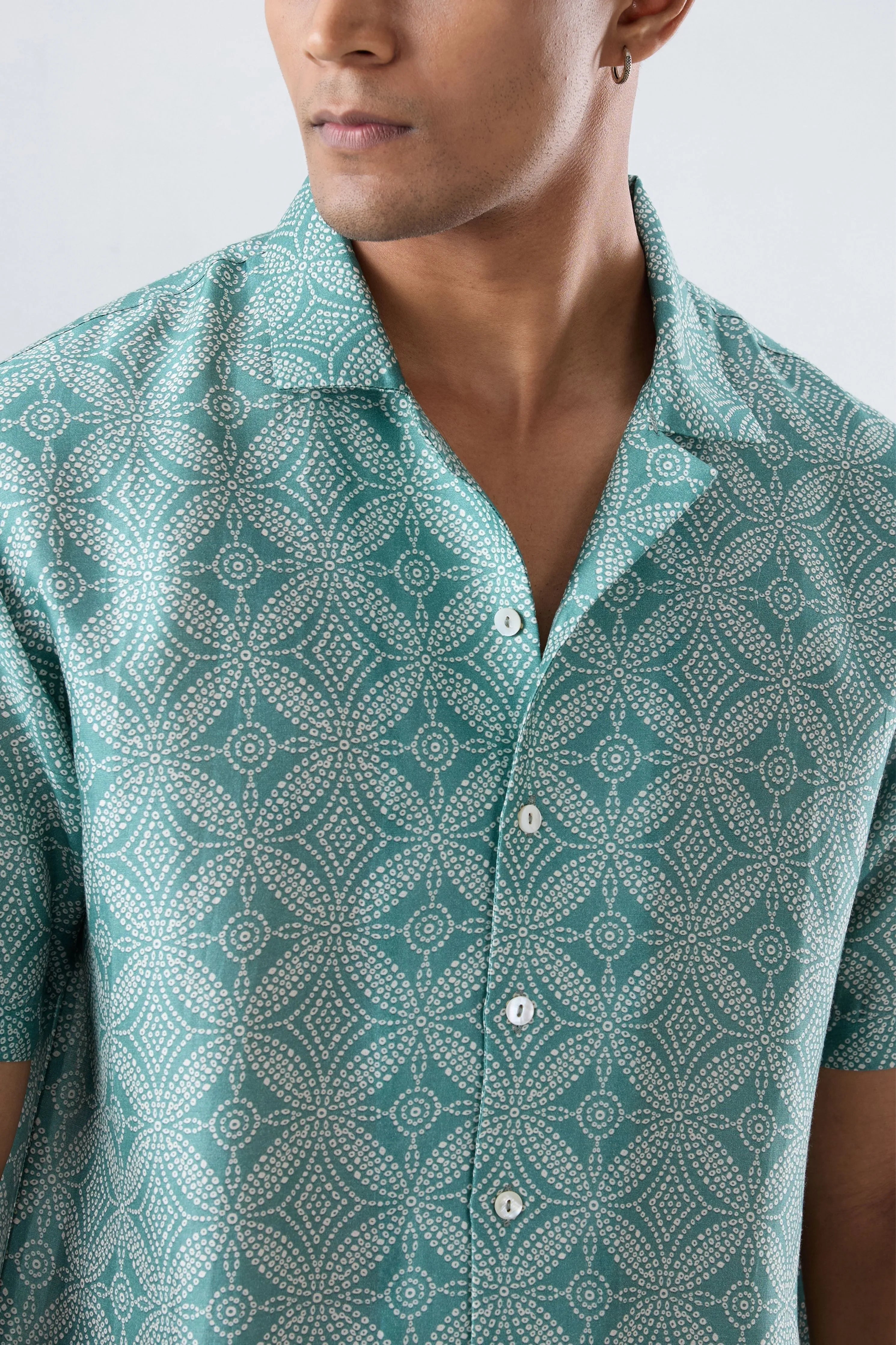 Turquoise Bandhani Cuban Collar Shirt