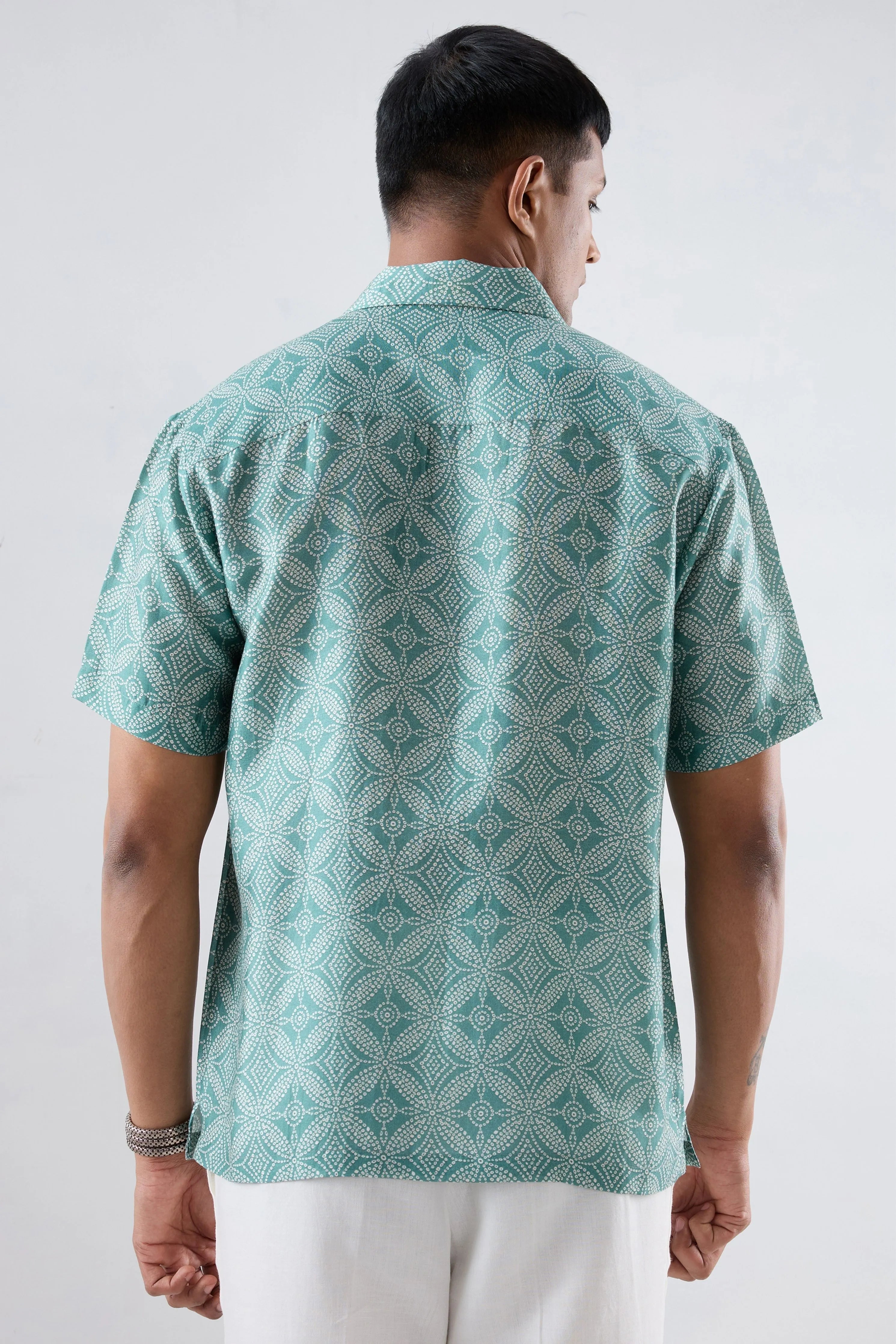 Turquoise Bandhani Cuban Collar Shirt