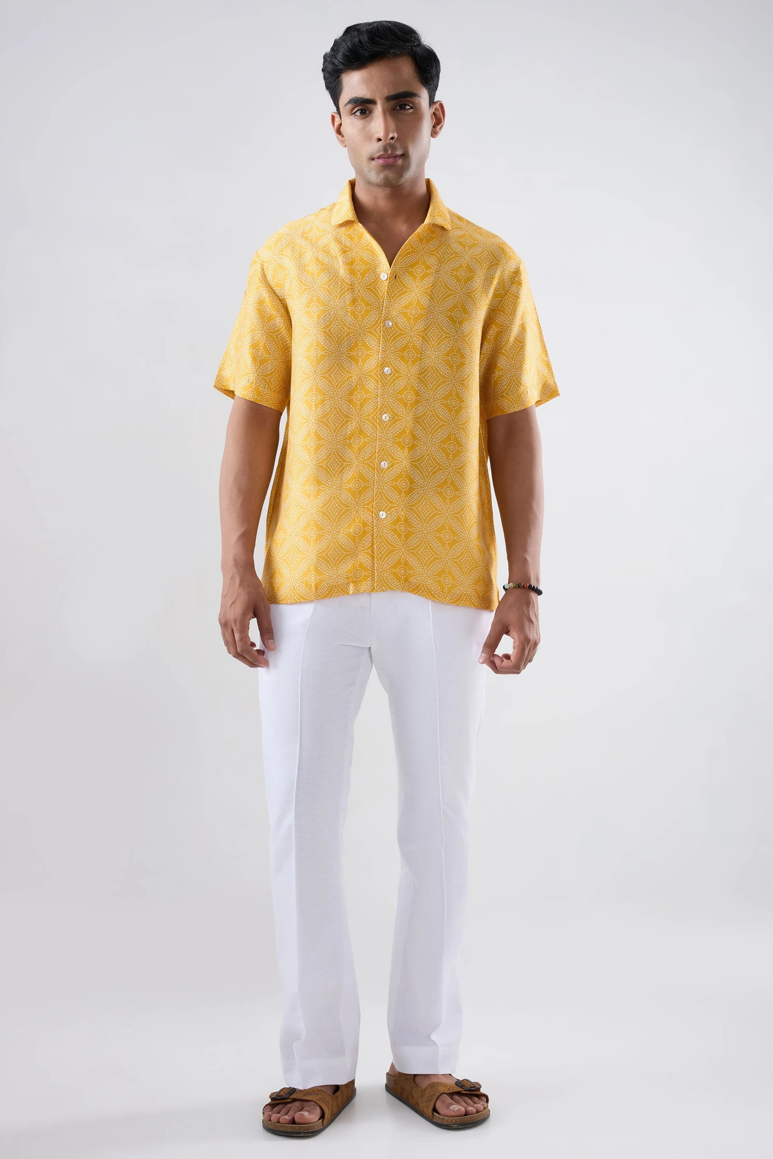 Yellow Bandhani Cuban Collar Shirt