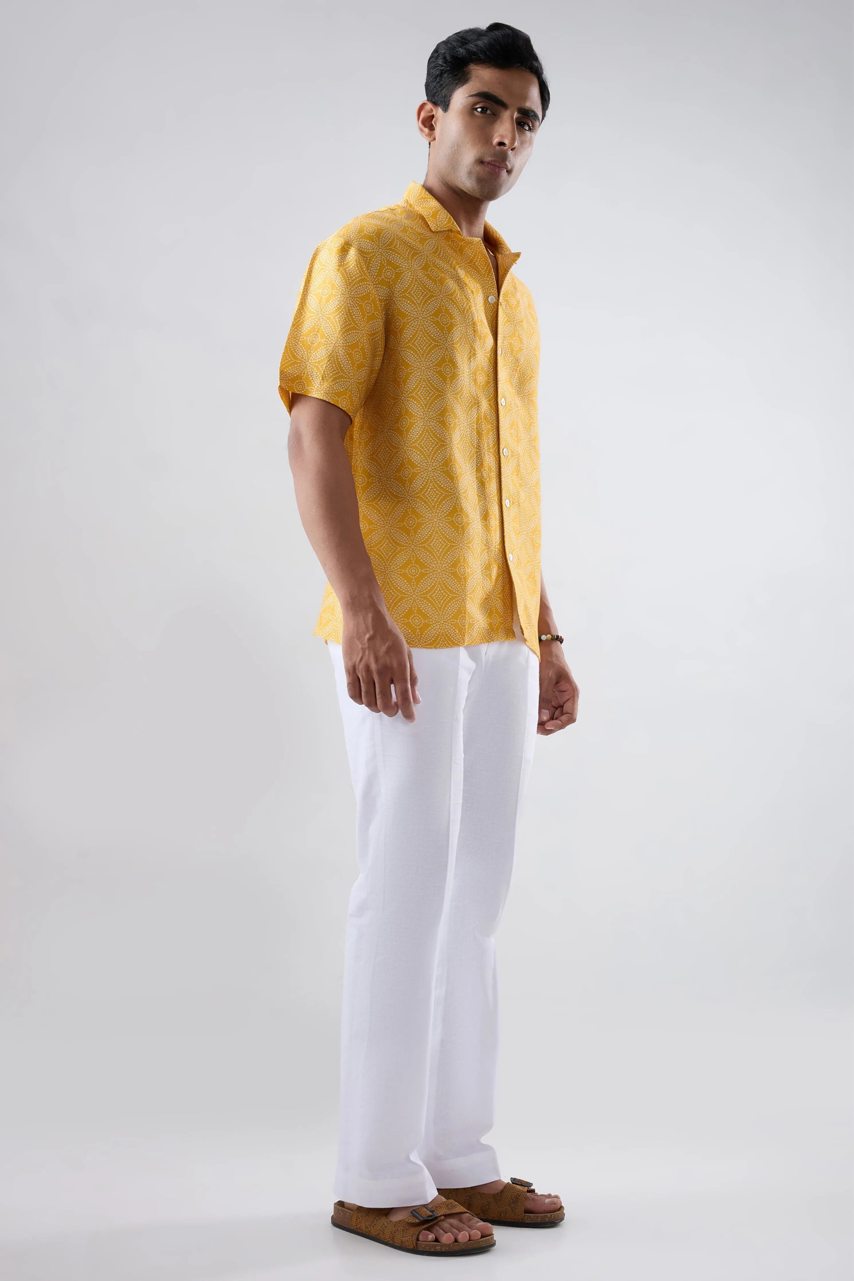 Yellow Bandhani Cuban Collar Shirt