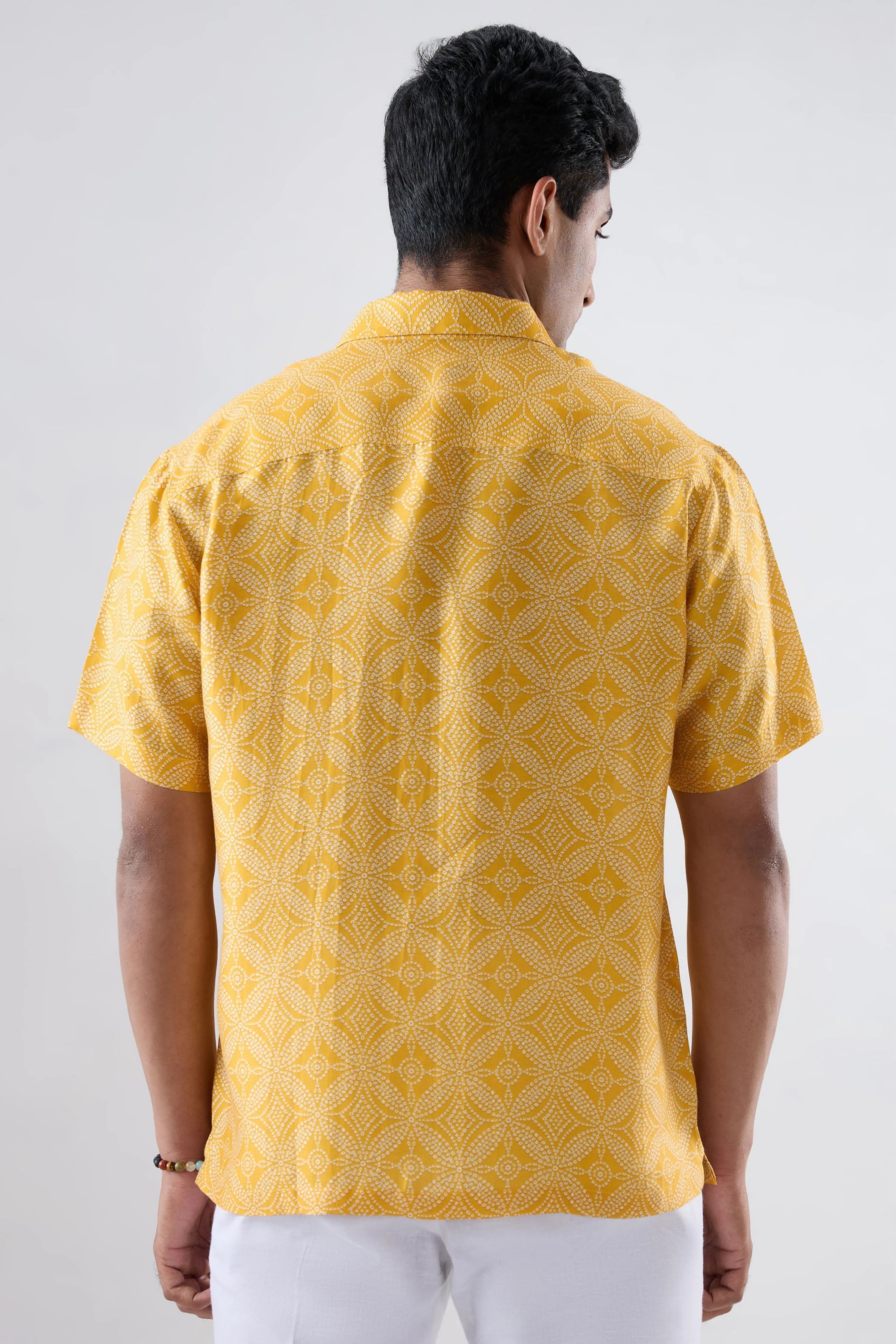 Yellow Bandhani Cuban Collar Shirt