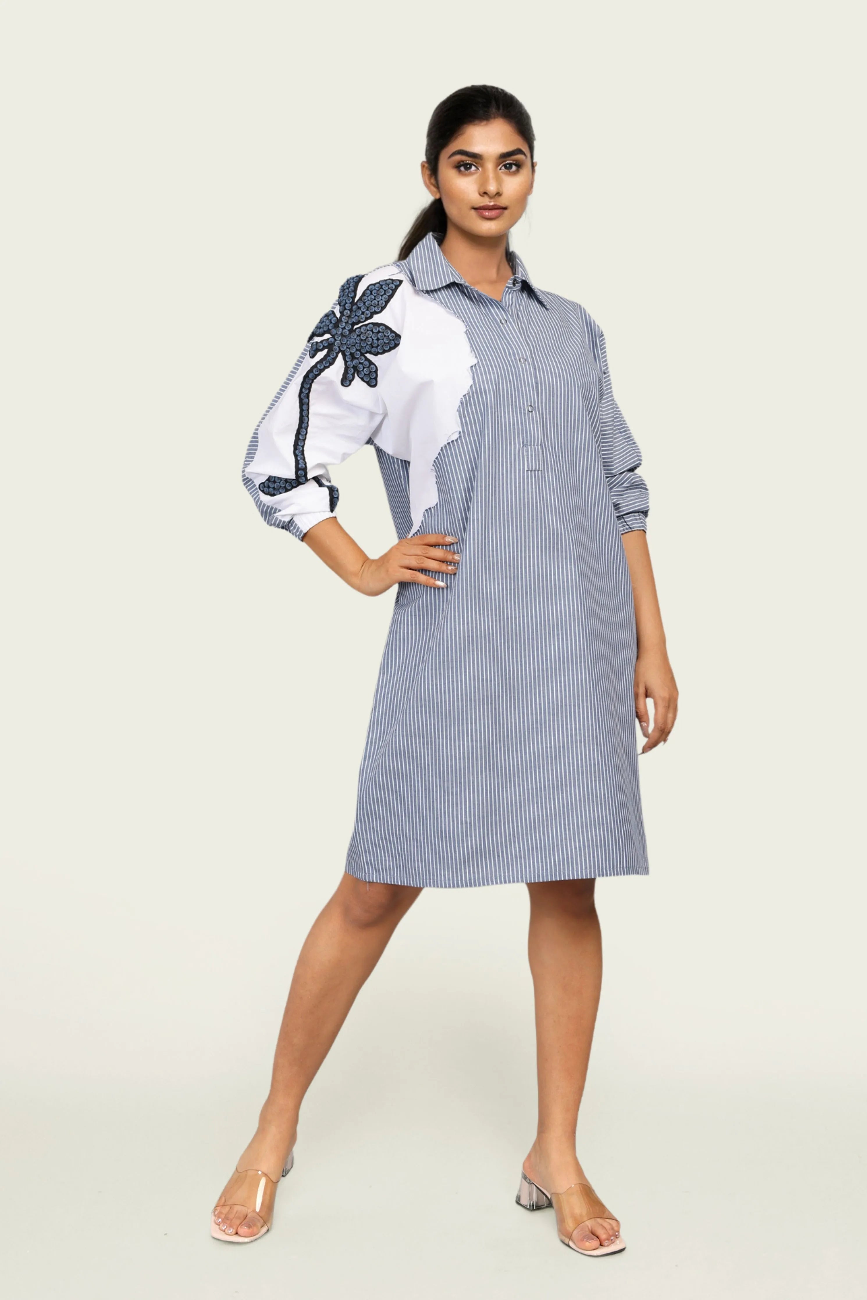 Blue Stripe and White Cotton Dress with Embroidery