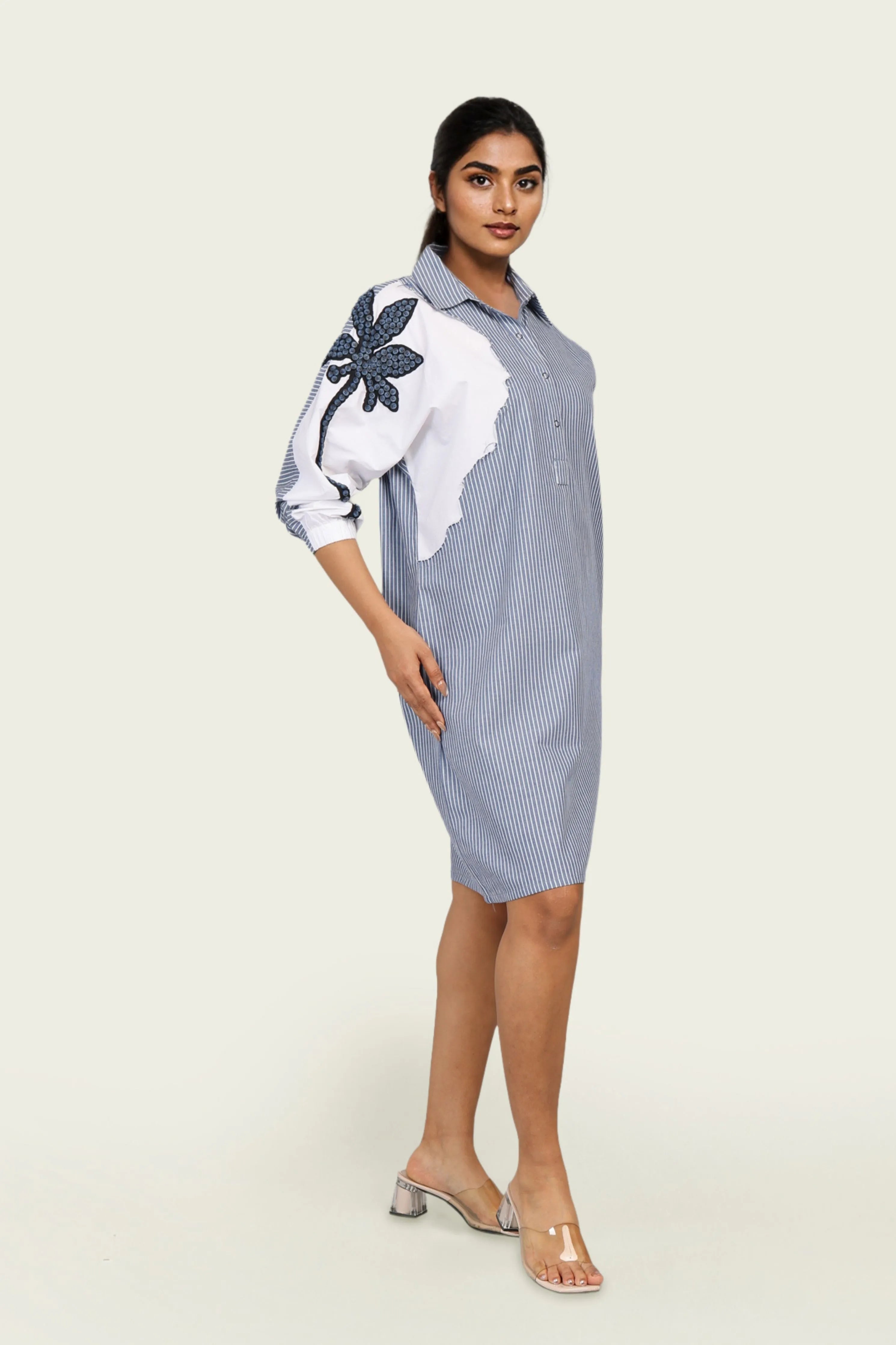 Blue Stripe and White Cotton Dress with Embroidery