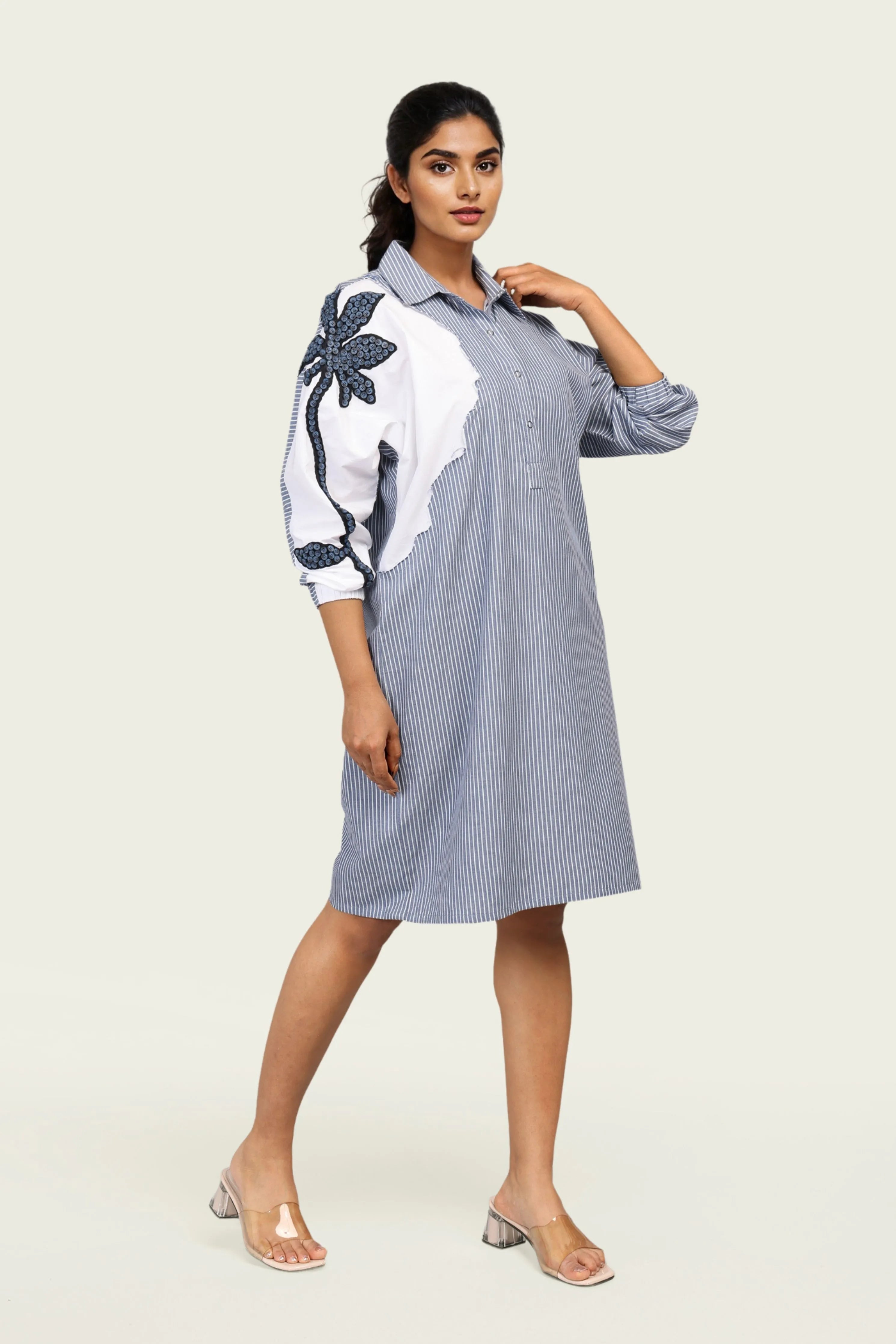 Blue Stripe and White Cotton Dress with Embroidery