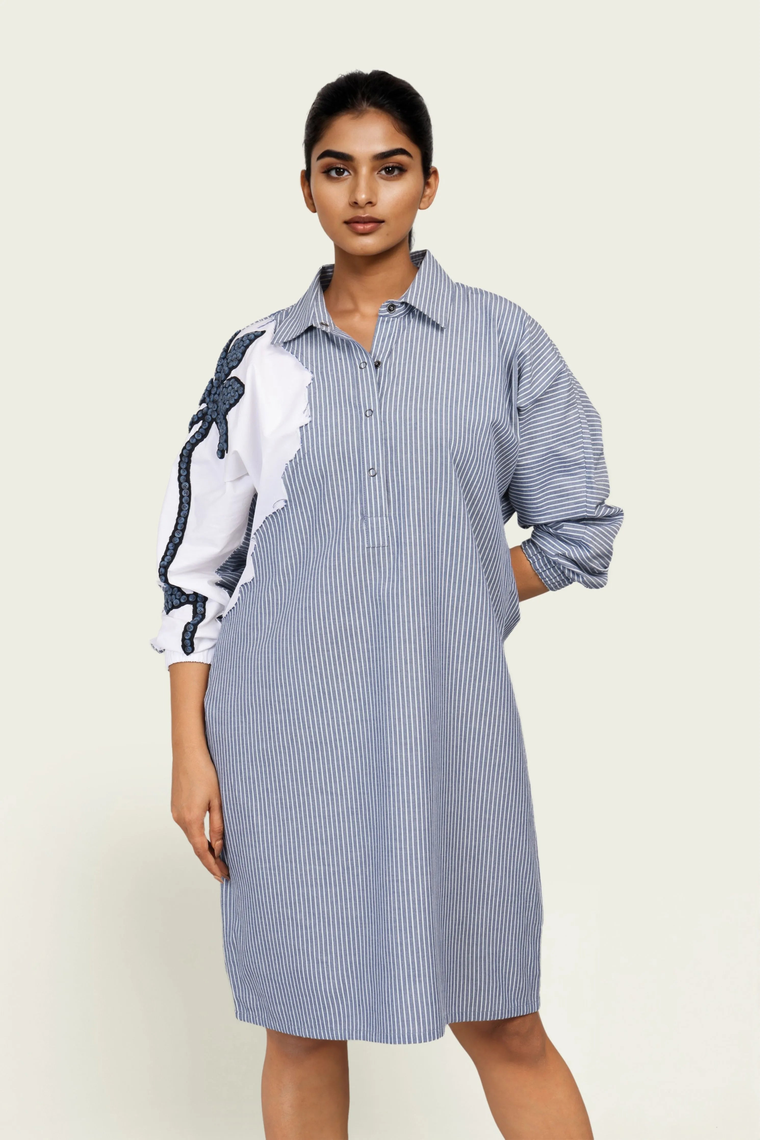 Blue Stripe and White Cotton Dress with Embroidery