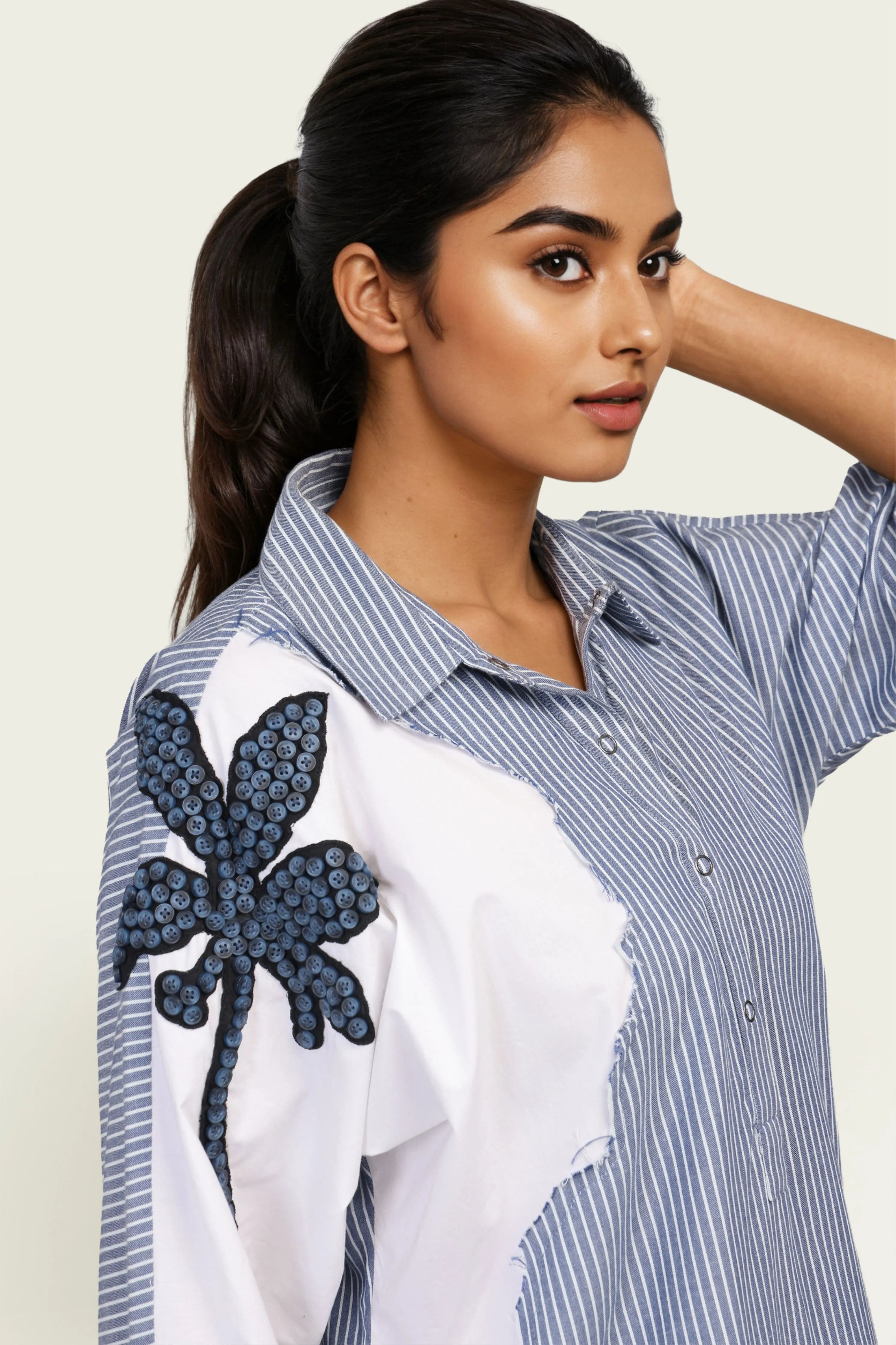 Blue Stripe and White Cotton Dress with Embroidery
