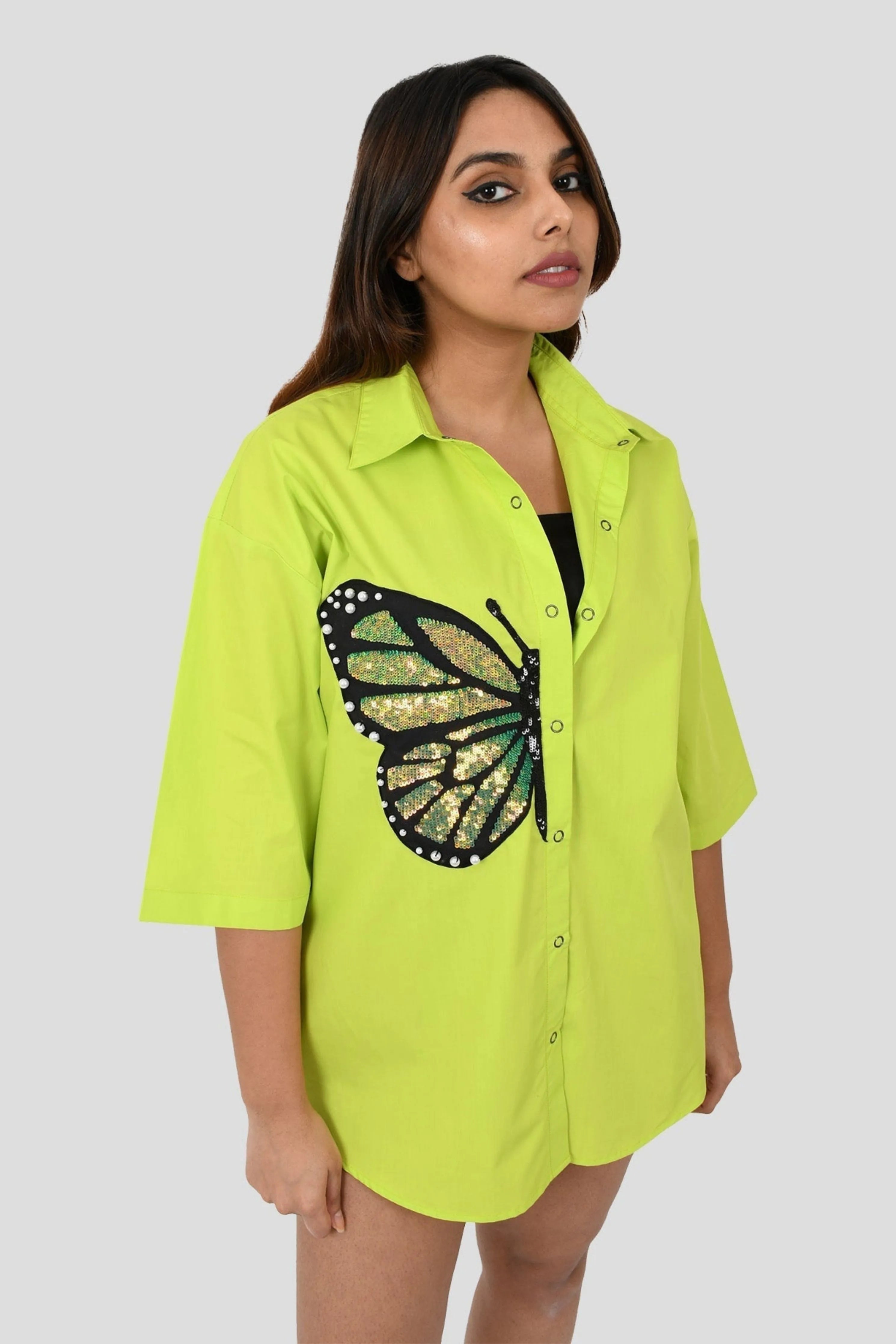 Neon Green One Piece Cotton Dress With Sequin Embroidery
