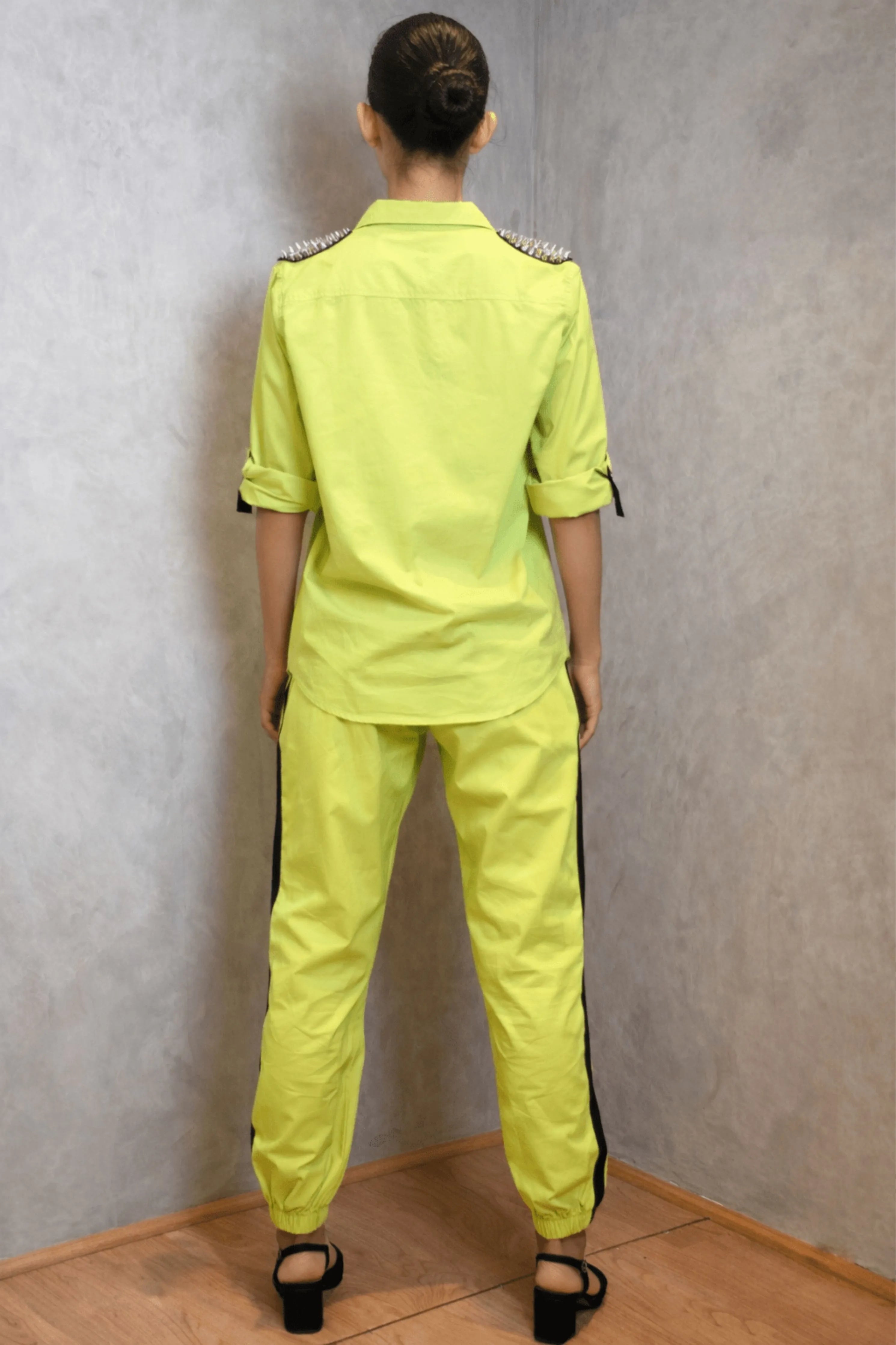 Neon Green Comfort Fit Cotton Shirt With Embroidery