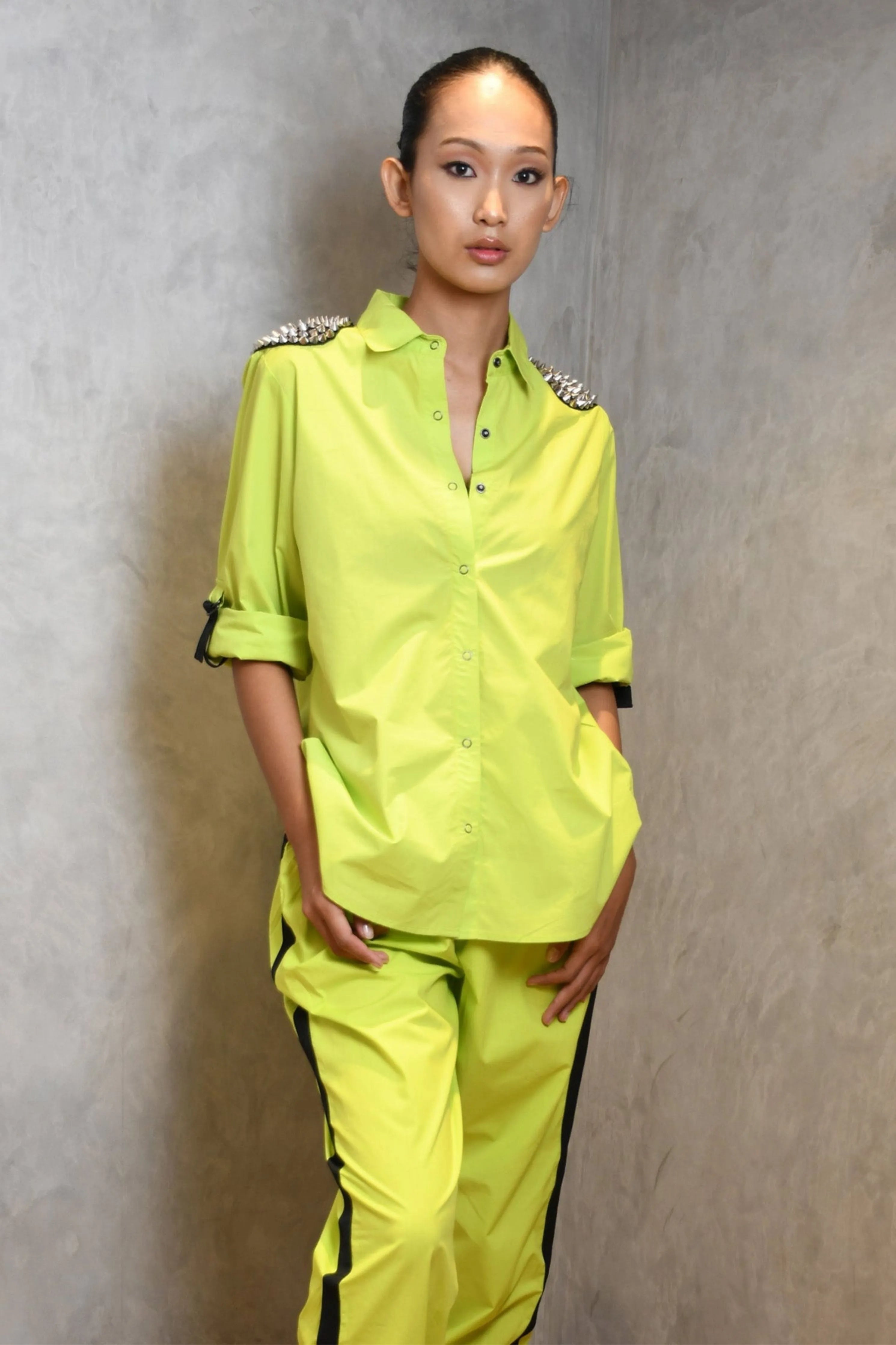 Neon Green Cotton Co-Ord Set With Jogger Pants