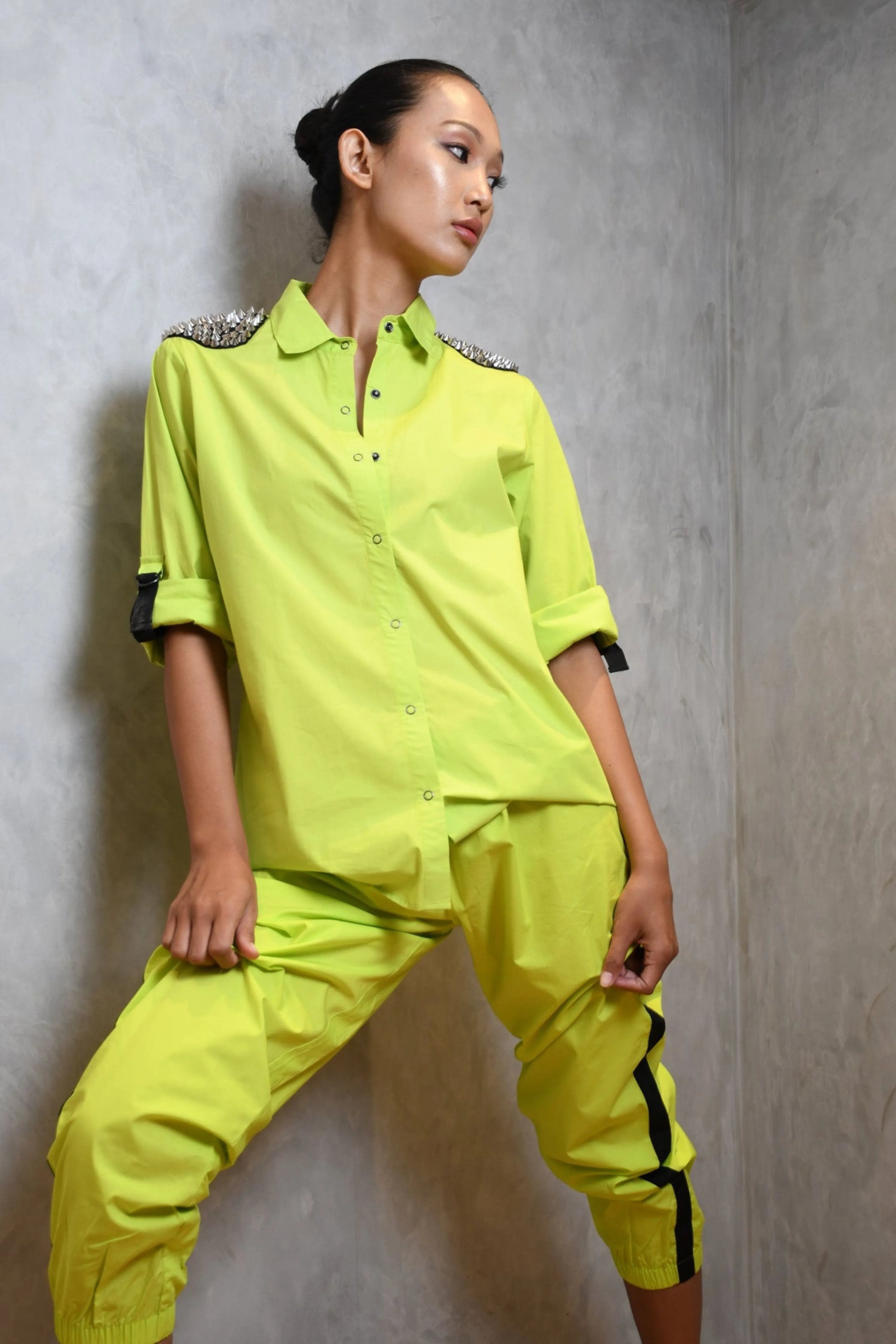 Neon Green Cotton Co-Ord Set With Jogger Pants