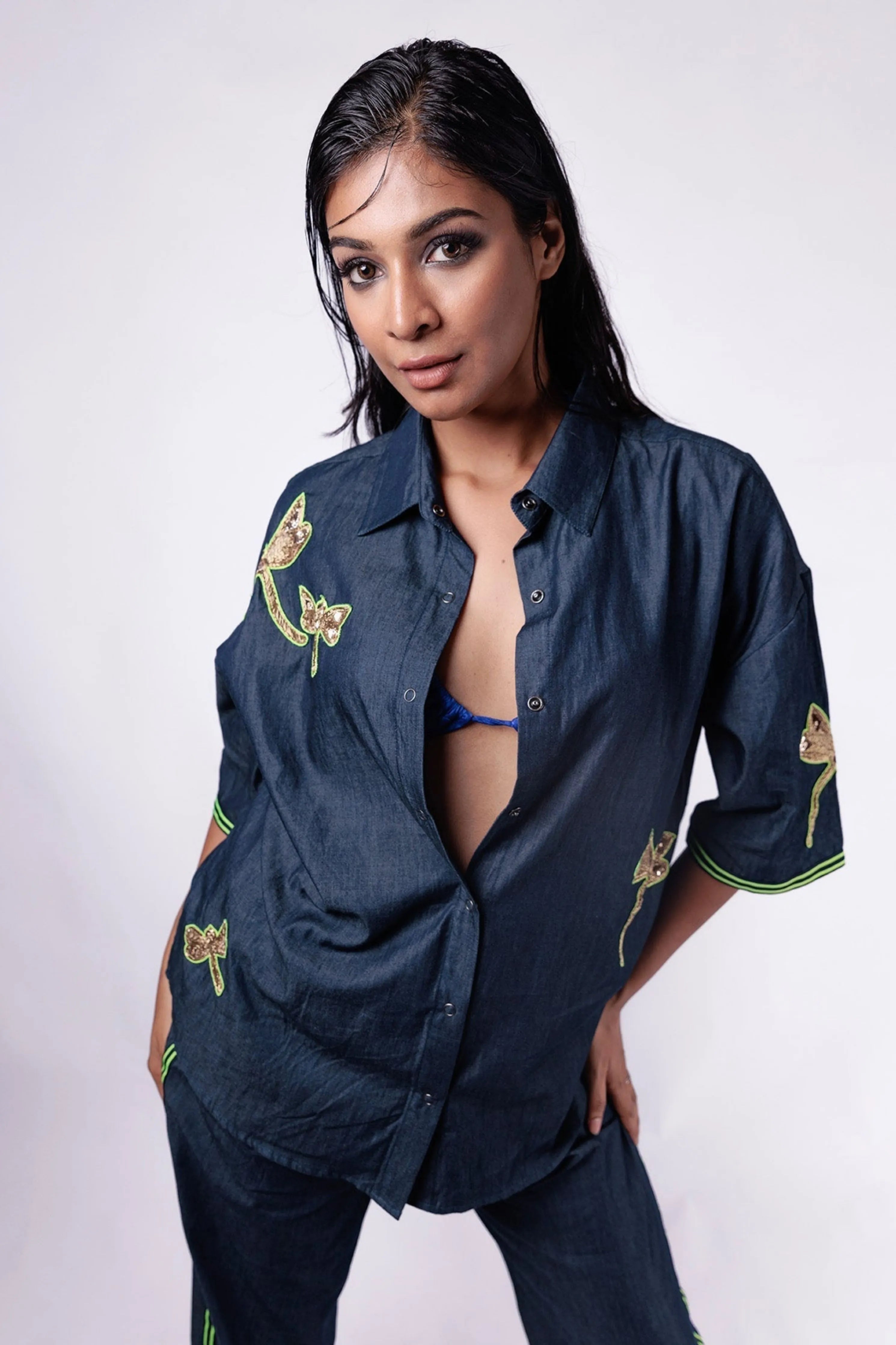 Blue Denim Oversized Fit Shirt With Embroidery