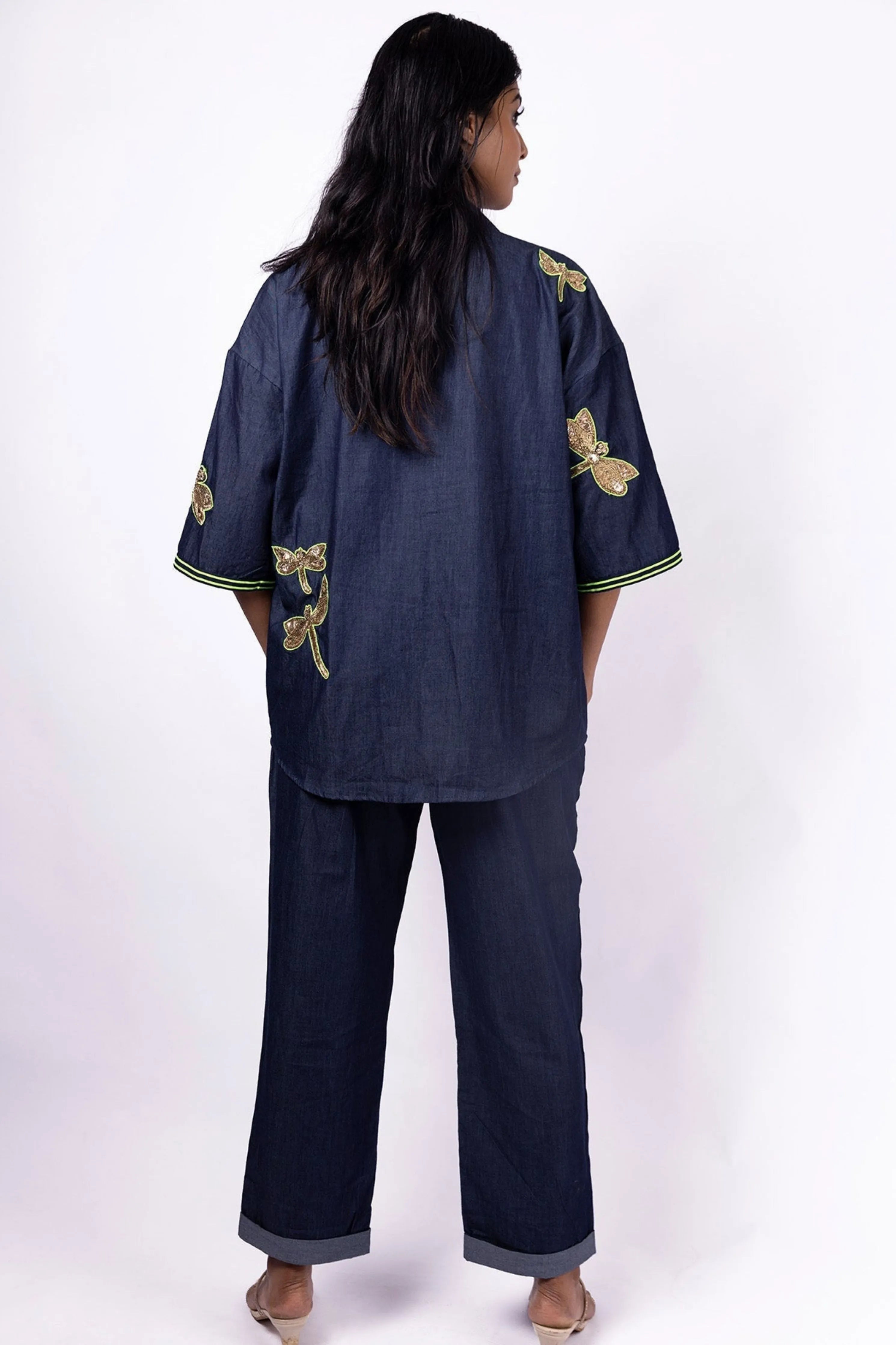 Blue Denim Oversized Fit Shirt With Embroidery