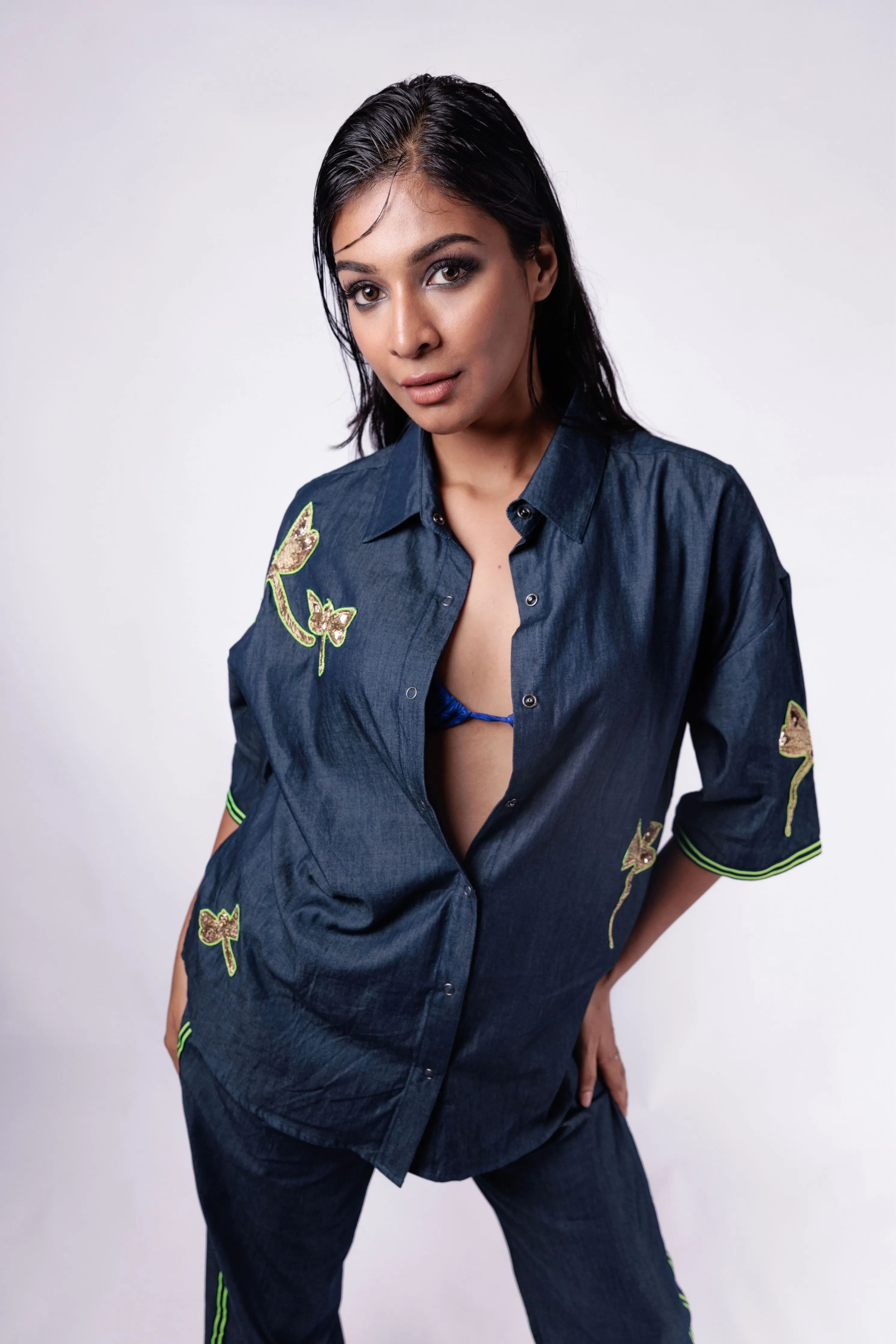 Blue Denim Co-Ord Set With Oversized Shirt And Straight Pants