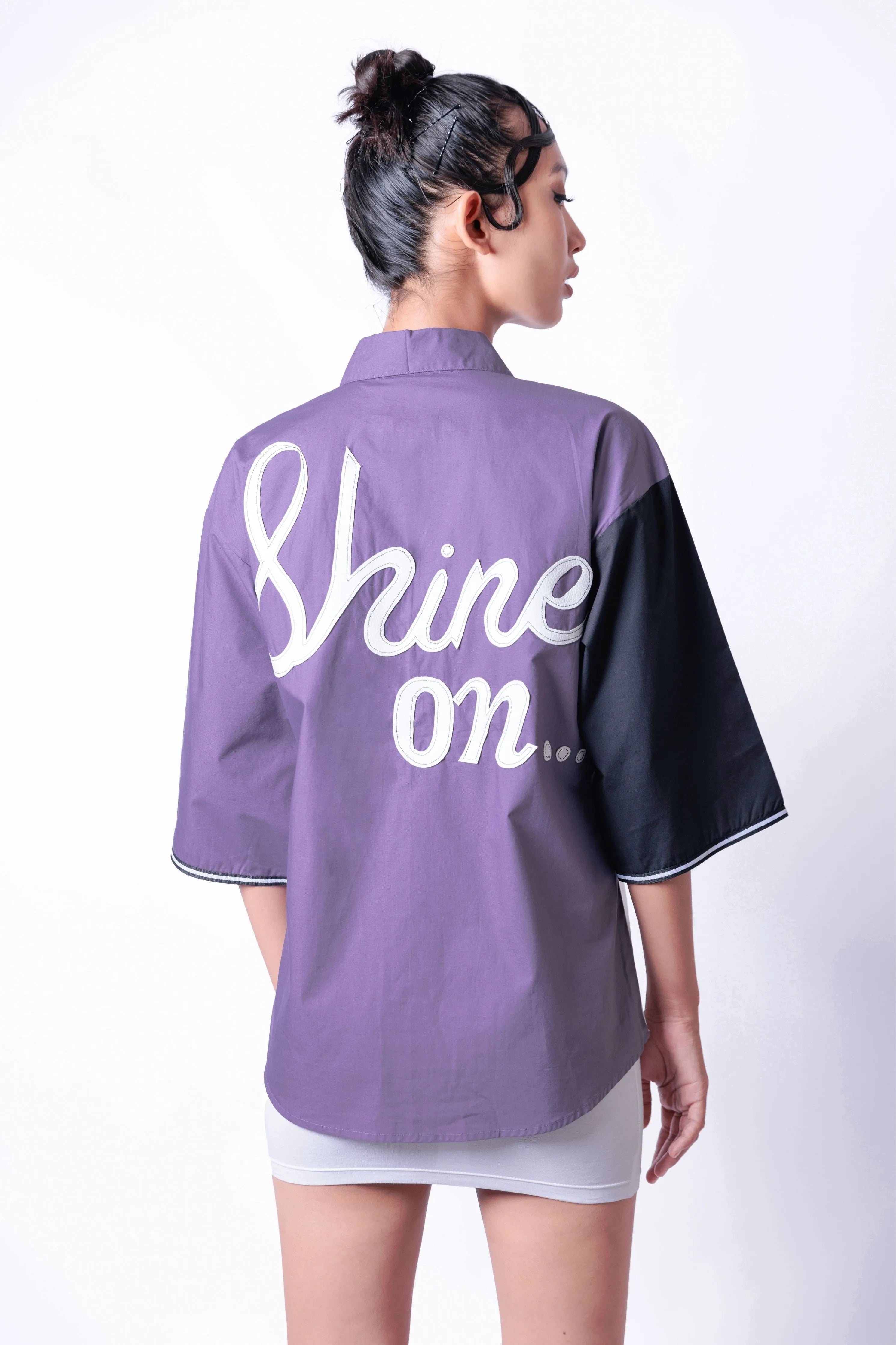 Black, White & Lilac Cotton Shirt Slogan Embroidery