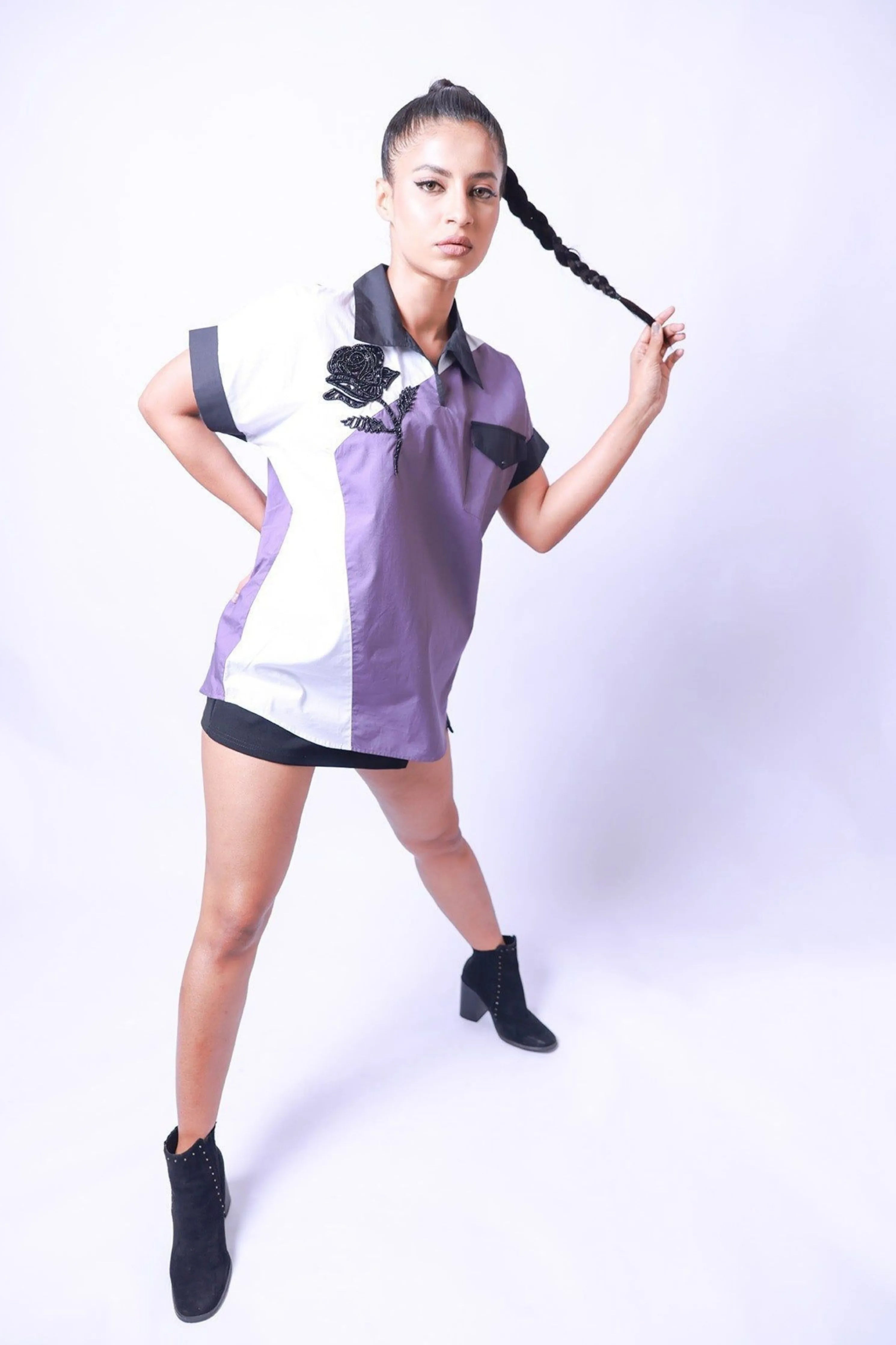 Lilac & White Cotton Shirt With Magyar Sleeves