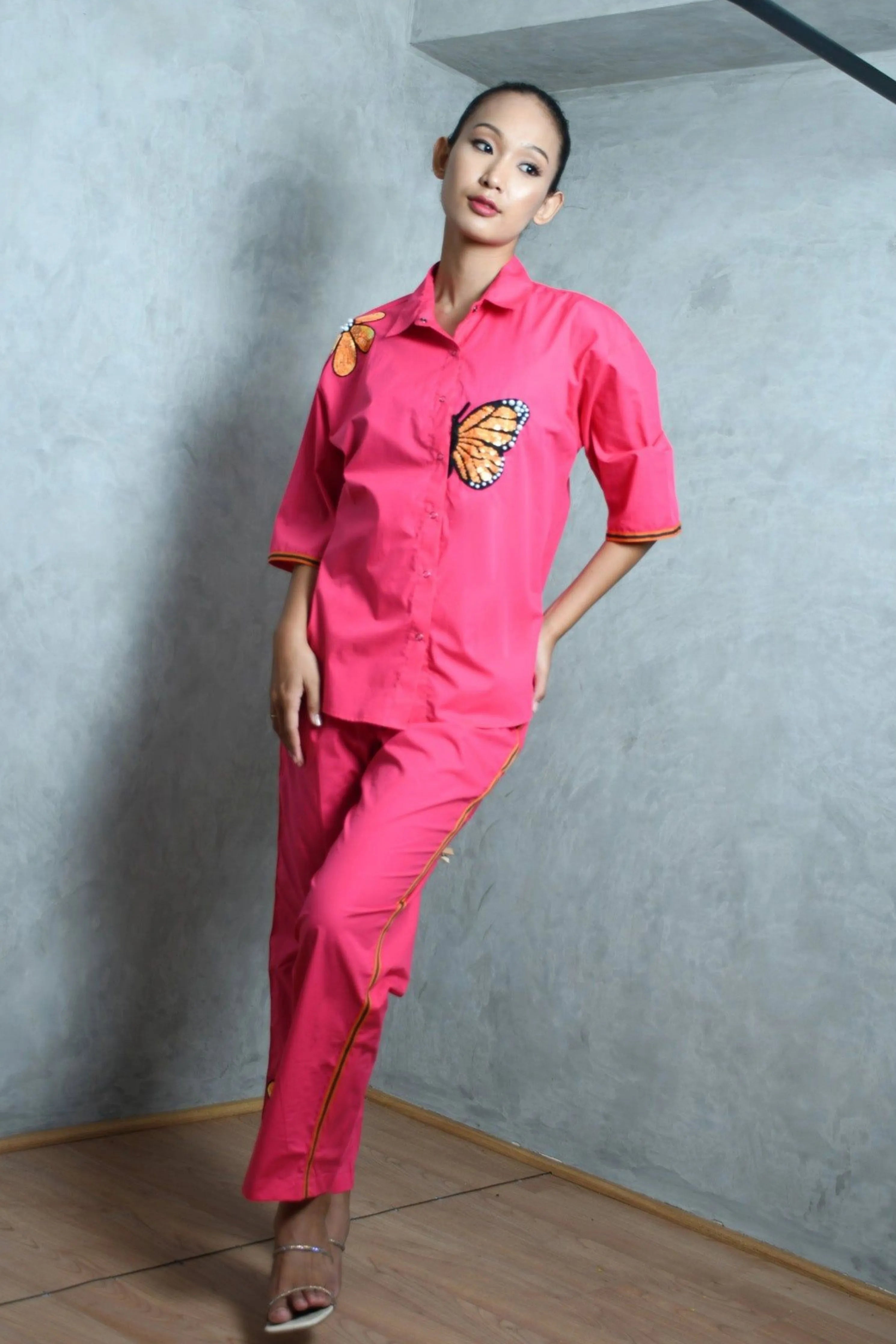 Hot Pink Cotton Co-Ord Set With Oversized Shirt And Straight Pants
