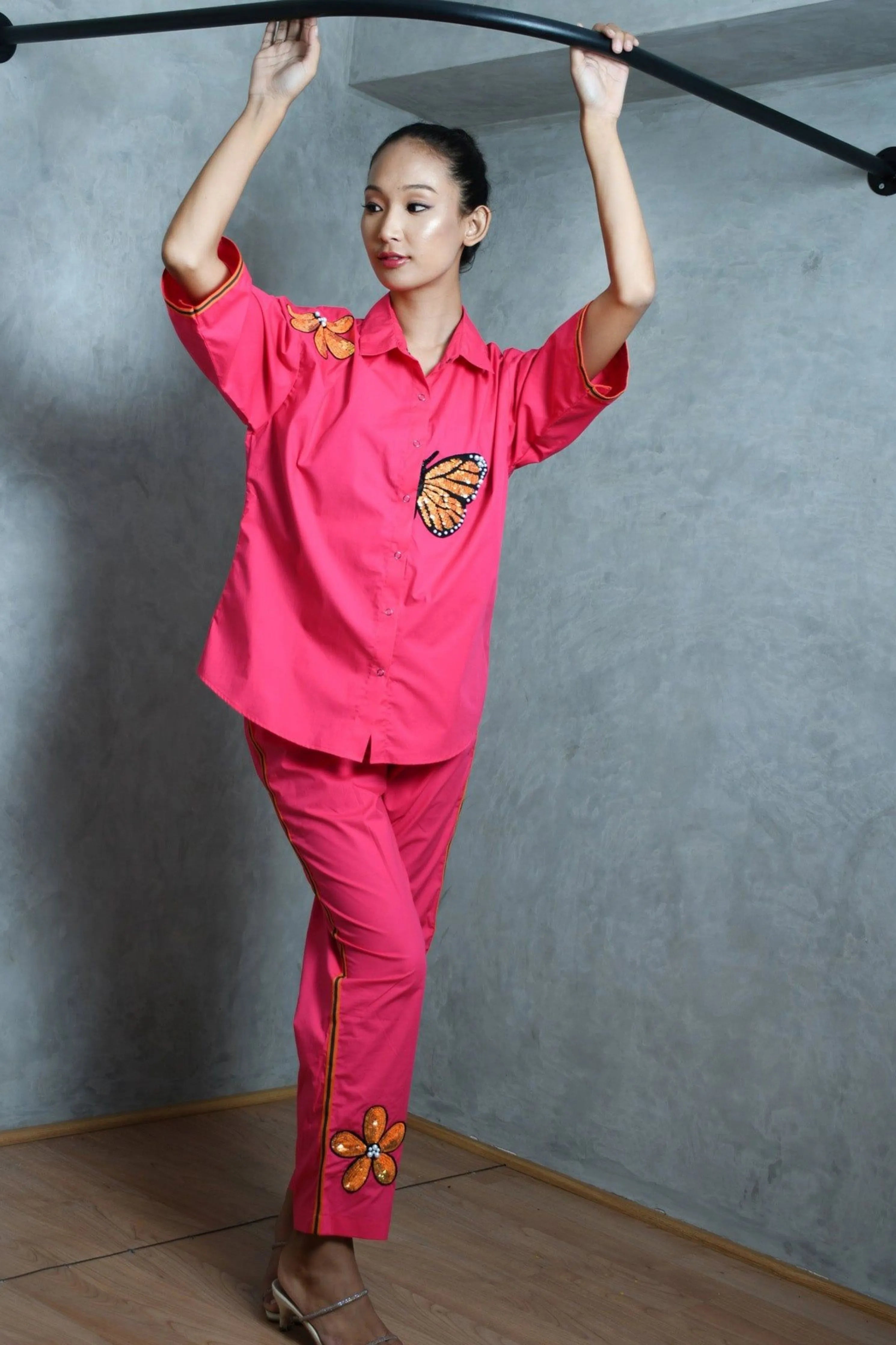 Hot Pink Cotton Co-Ord Set With Oversized Shirt And Straight Pants