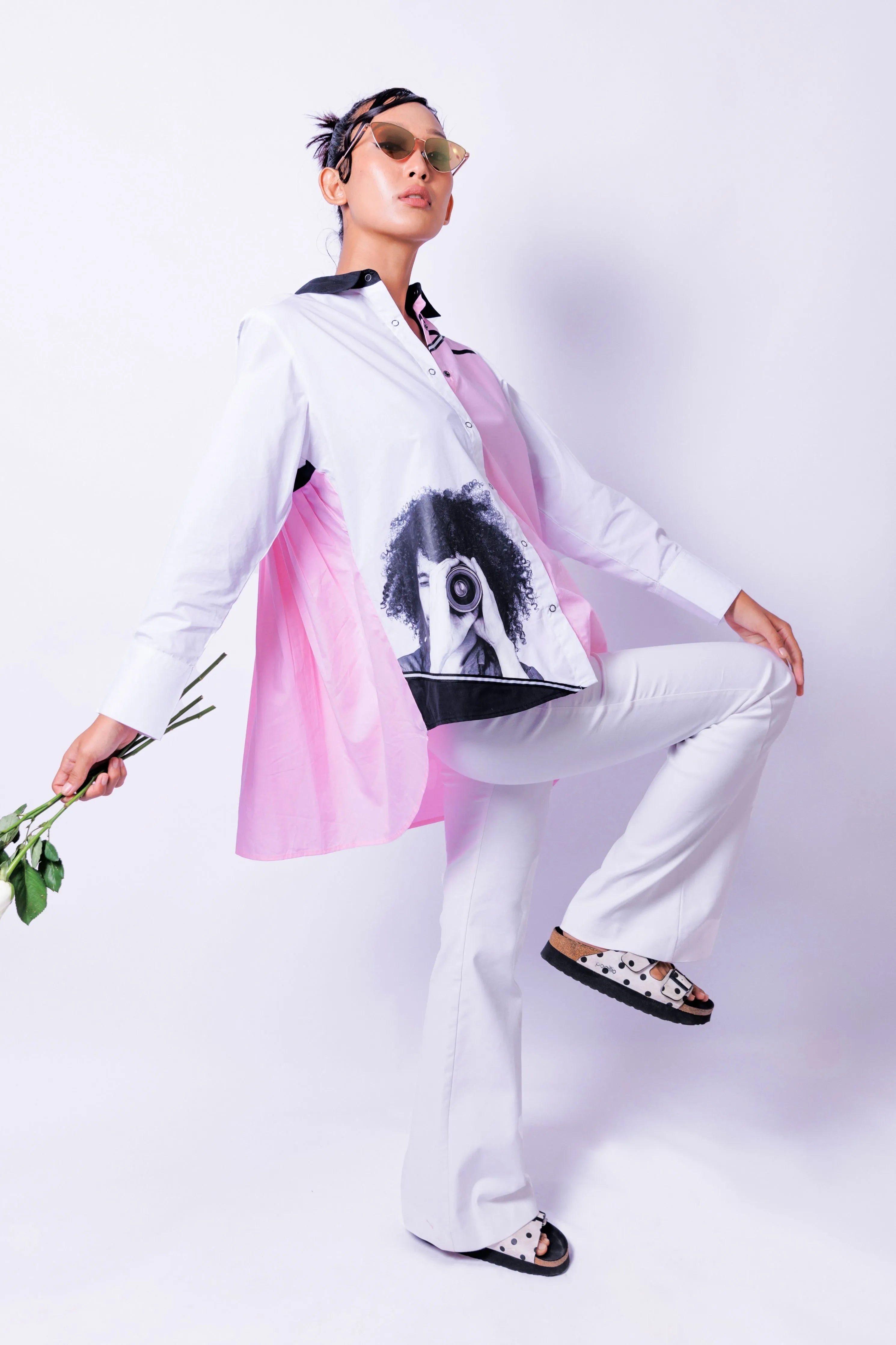 Pink & White Comfort Fit Cotton Shirt With Pleated Back
