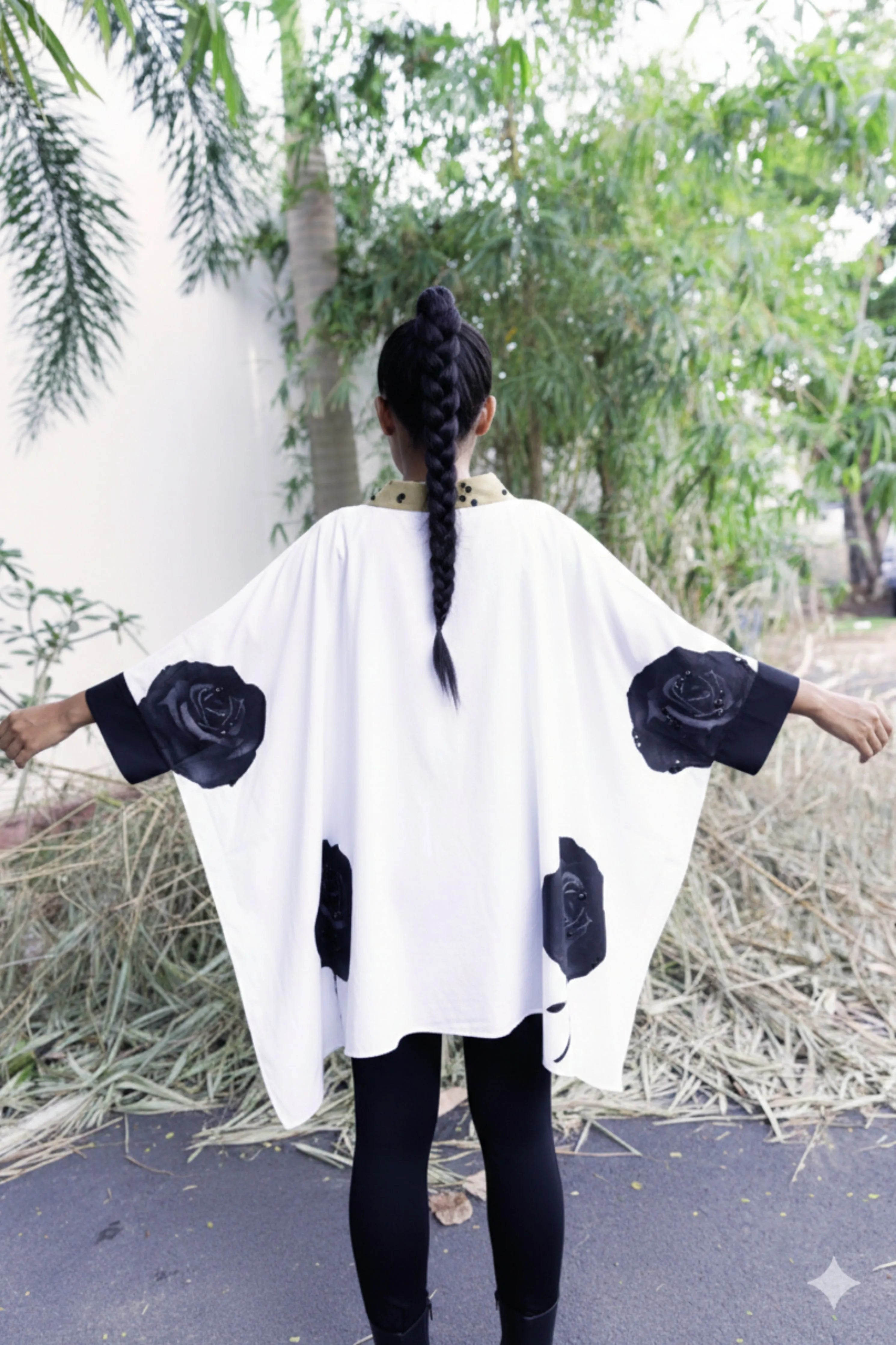White Loose Fit Cotton Poncho Shirt With Print