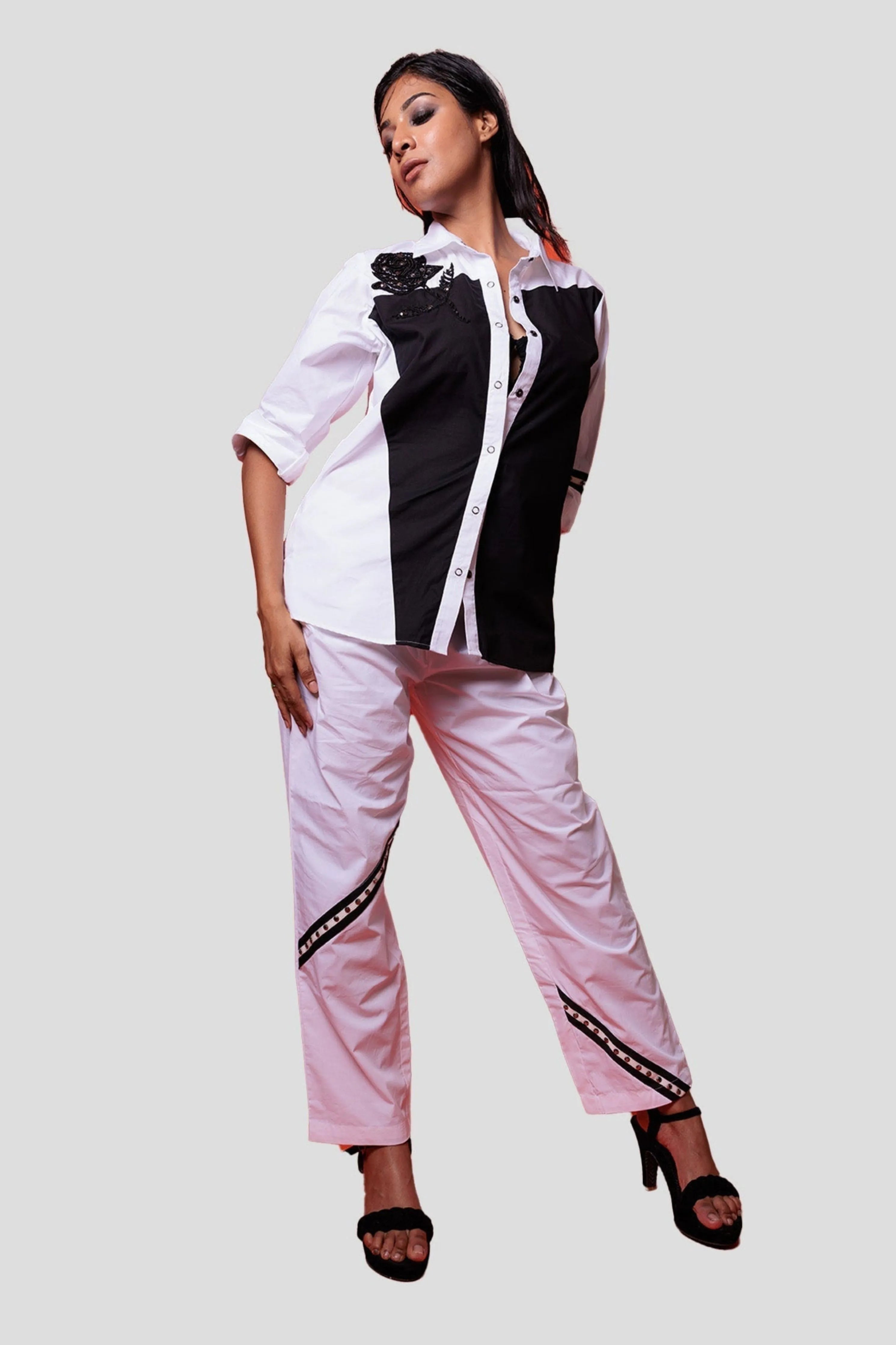 Black & White Cotton Co-Ord Set With Shirt And Pants Set
