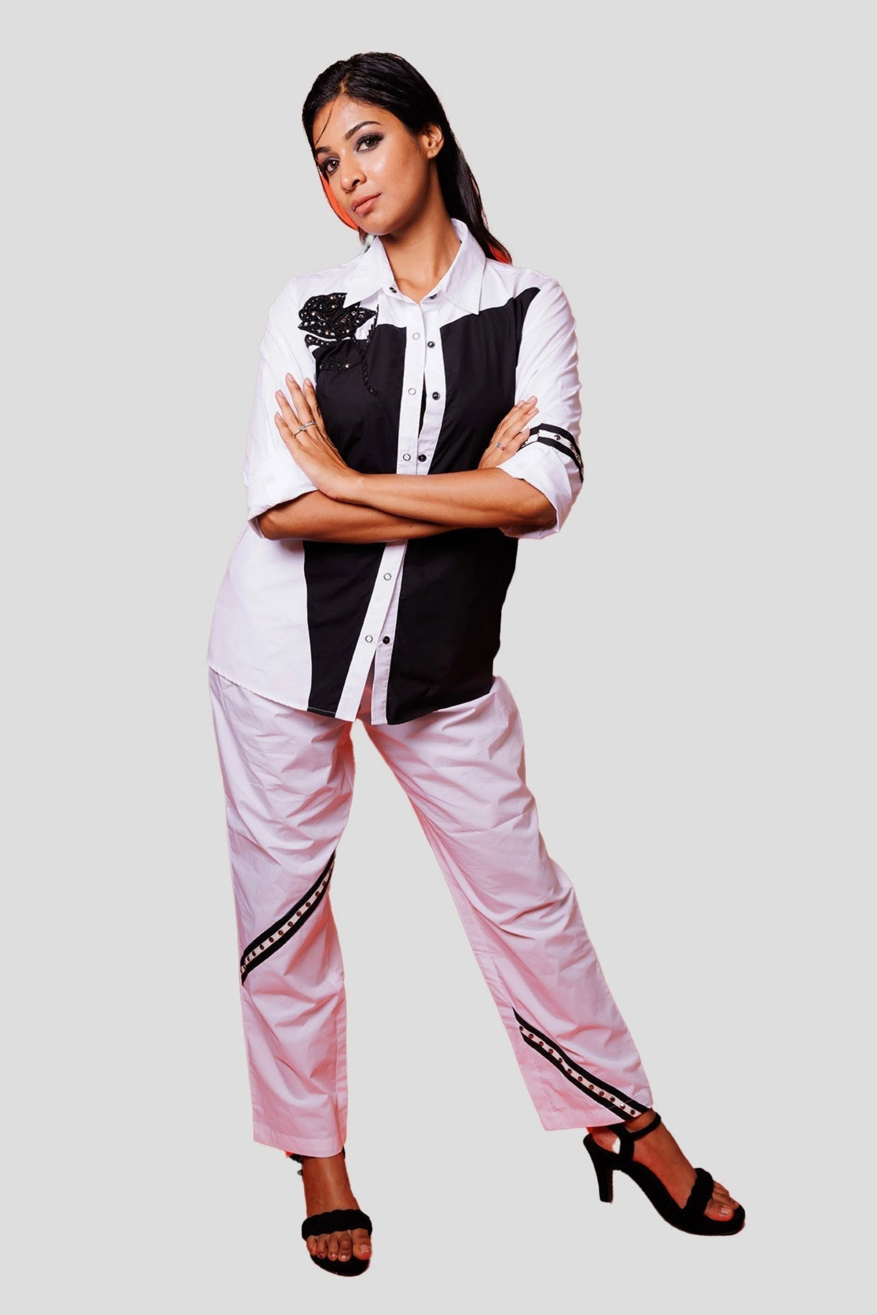Black & White Cotton Co-Ord Set With Shirt And Pants Set