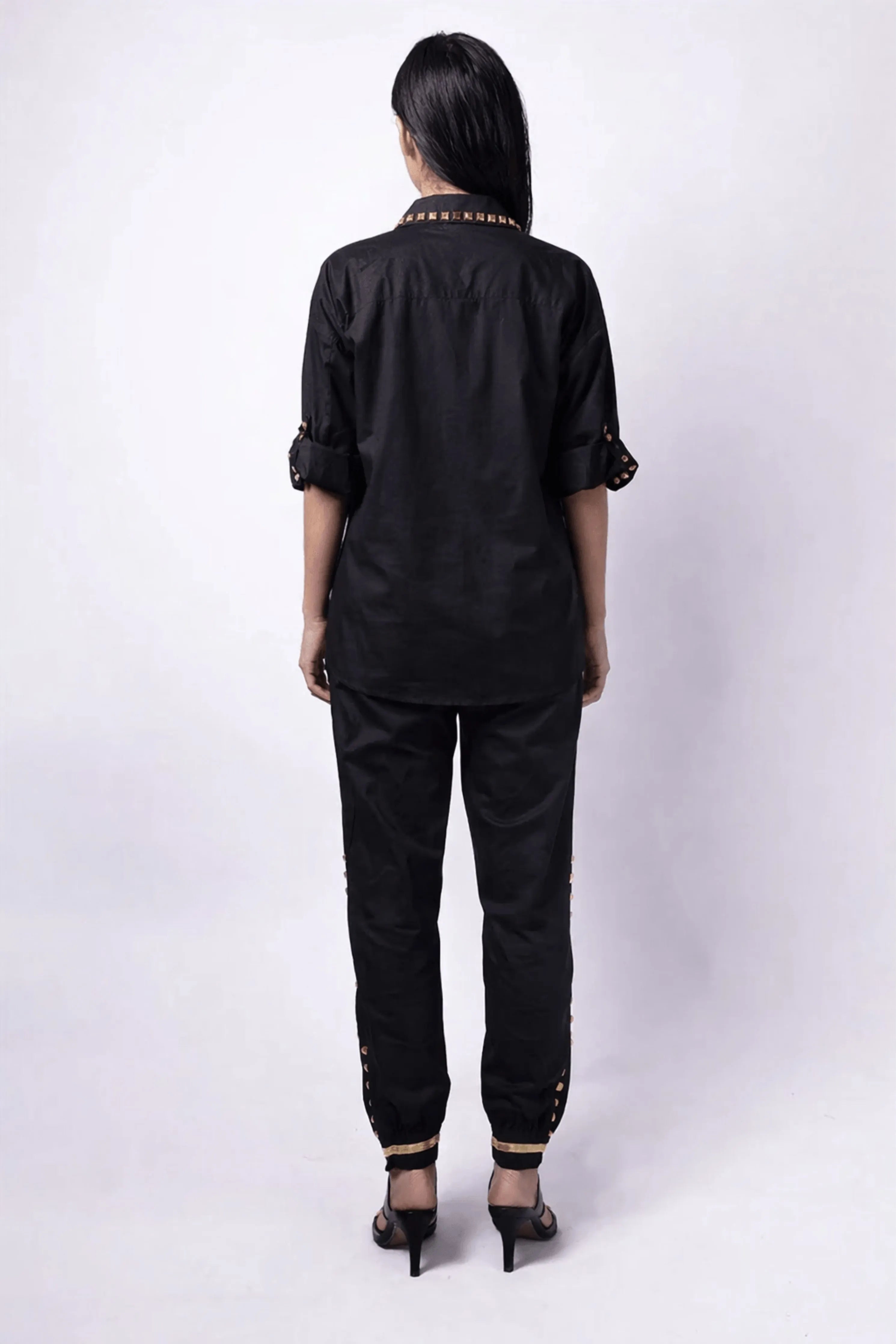 Black Comfort Fit Cotton Shirt With Pockets And Studwork