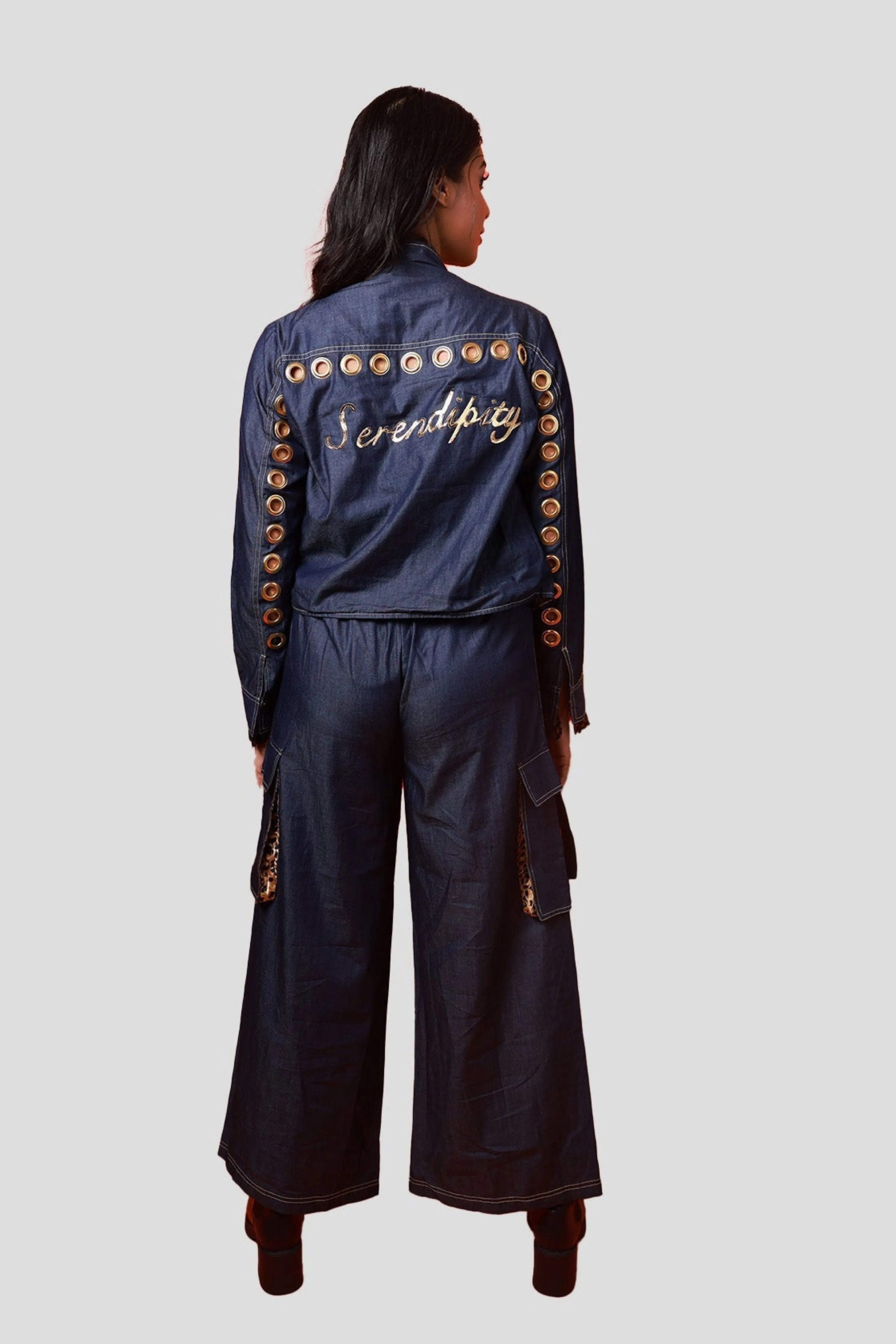 Blue Denim Co-Ord Set With Eyelet Jacket And Cargo Pants