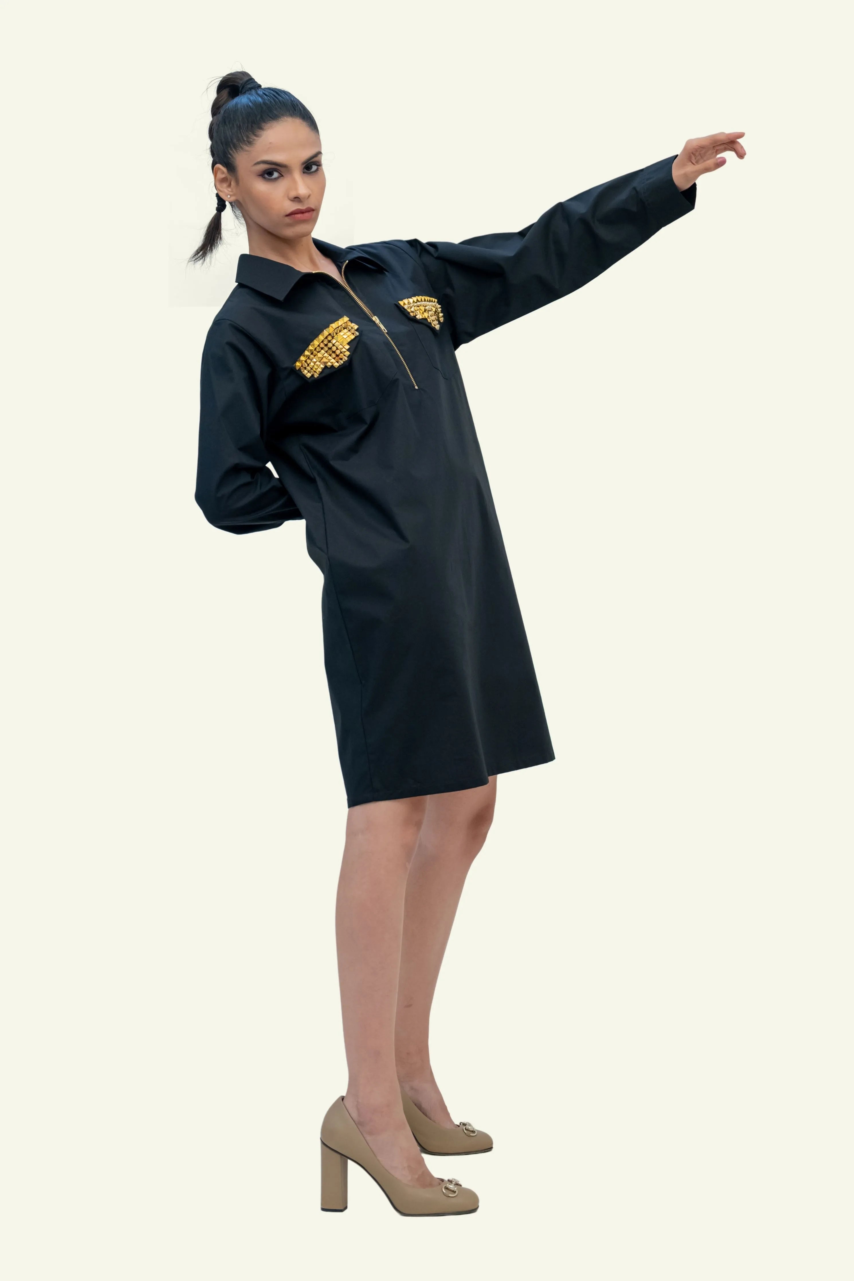 Black Cotton Dress with Stud Work