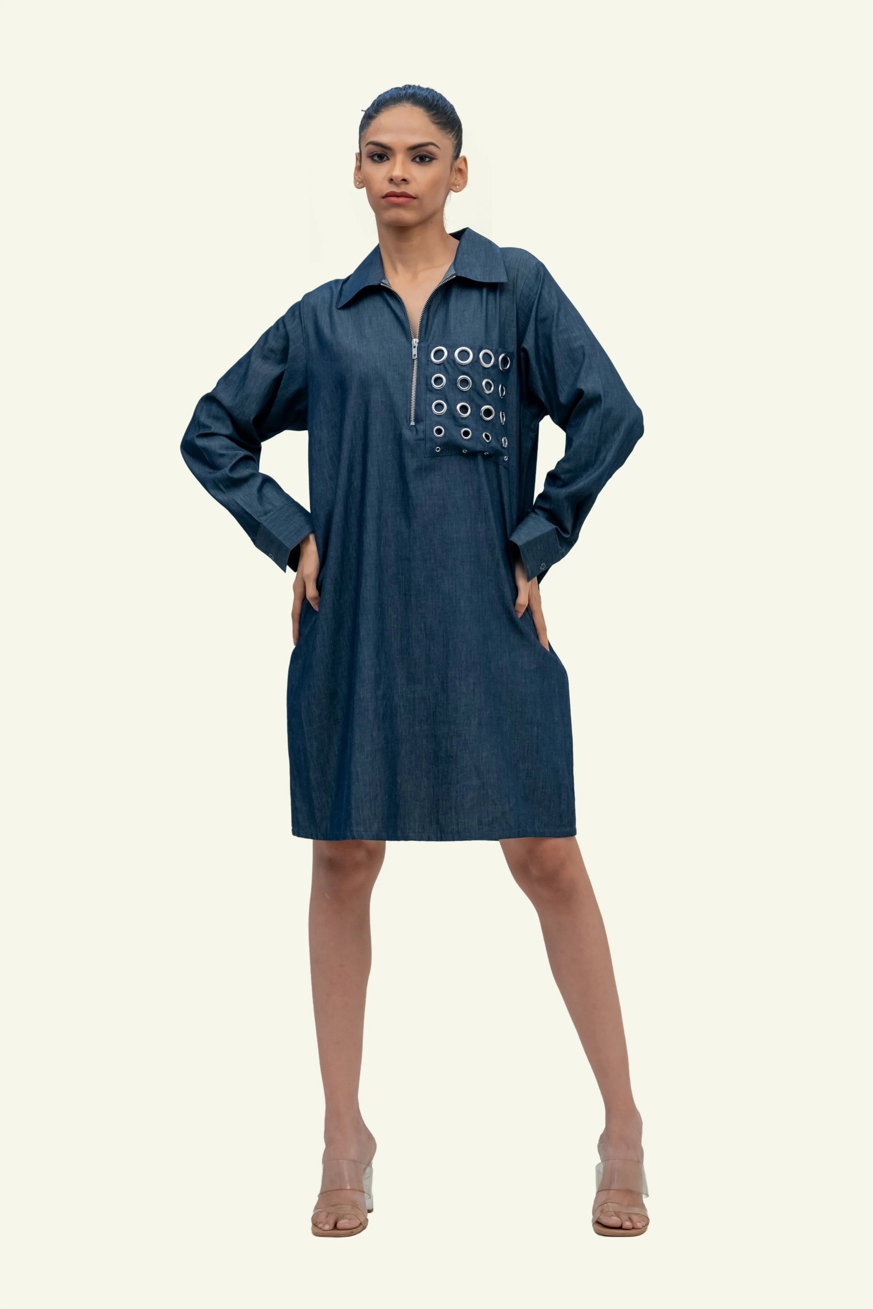 Blue Denim Cotton Dress with Eyelets
