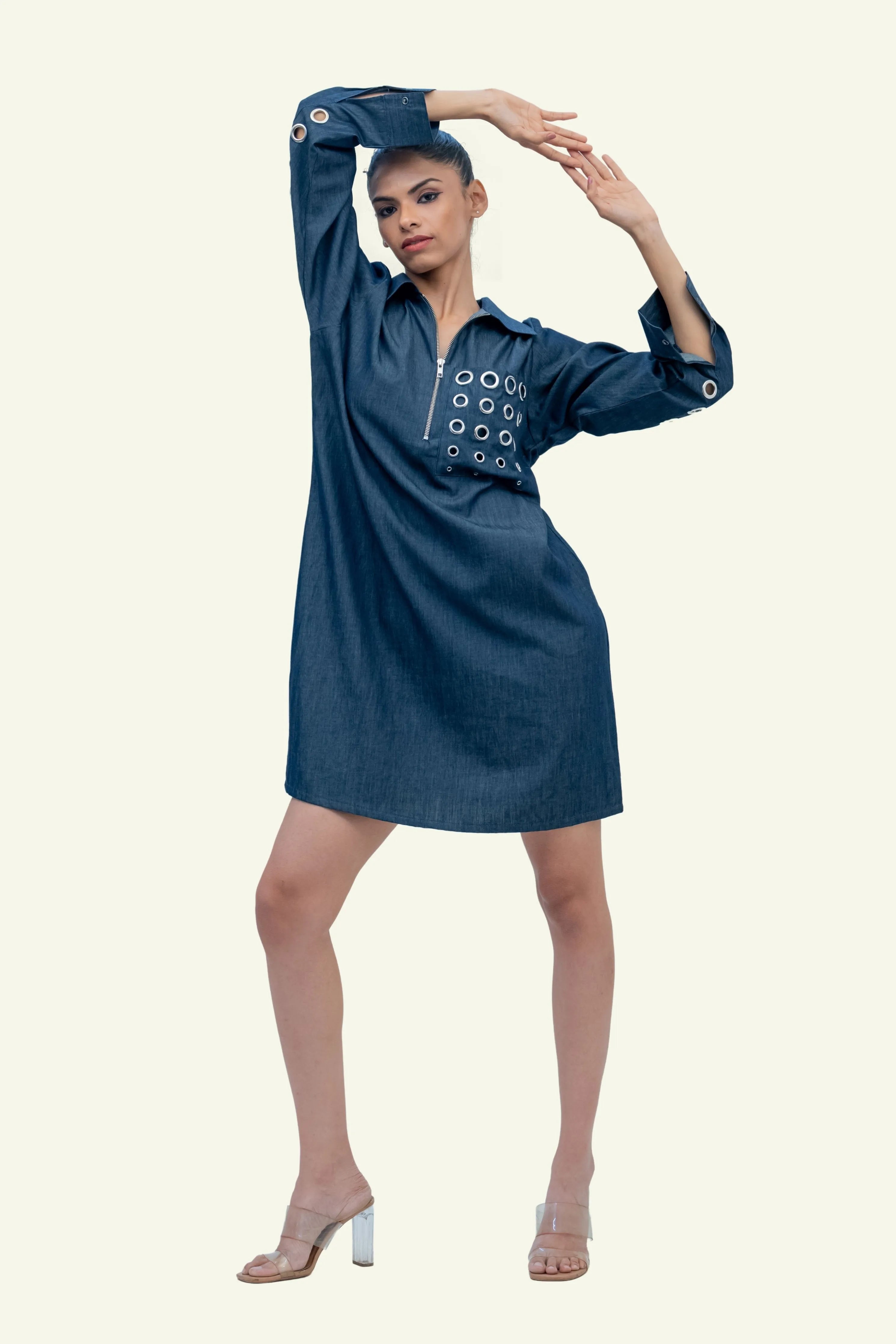Blue Denim Cotton Dress with Eyelets