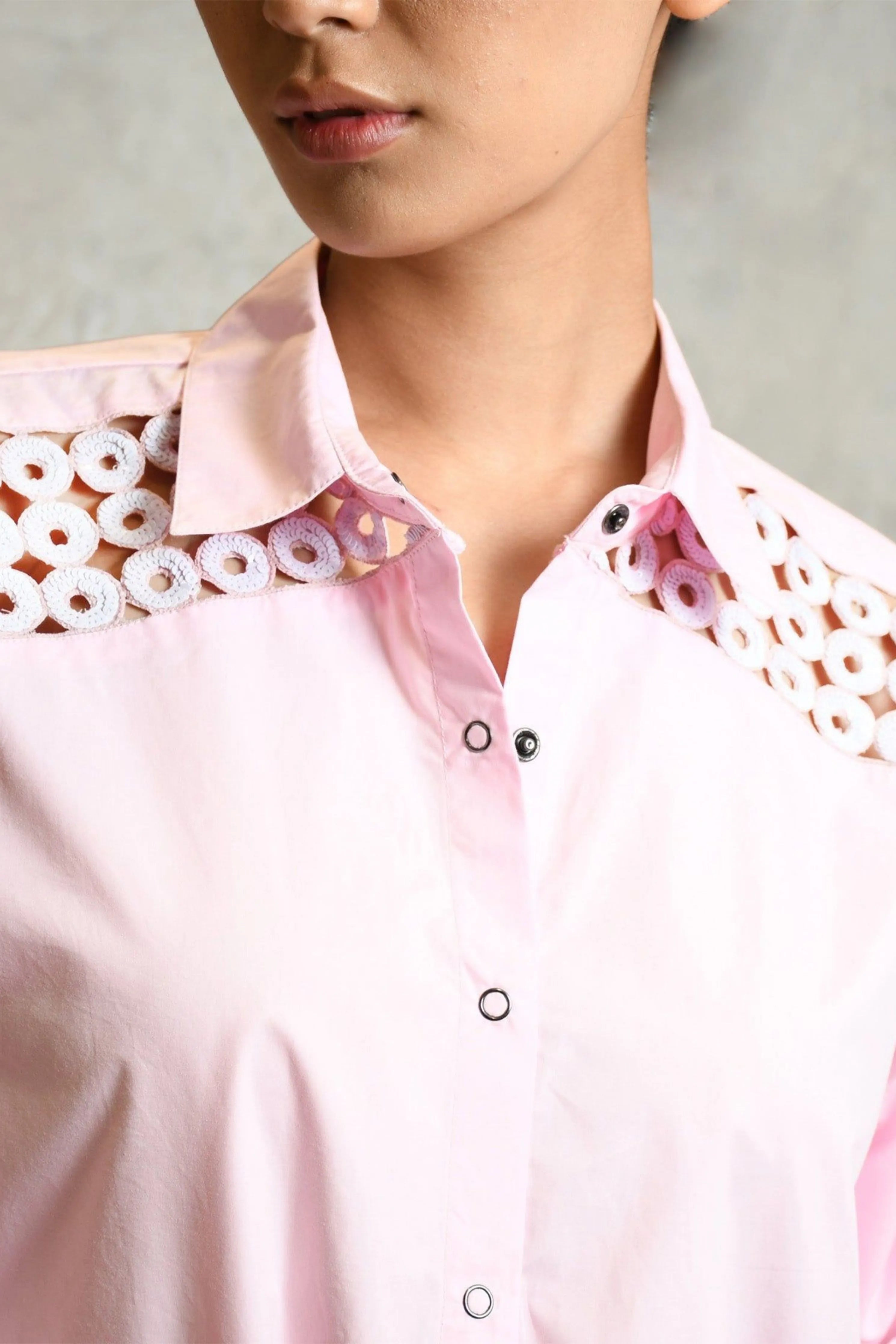 Pink Cotton Comfort Fit Shirt With Cutwork Embroidery
