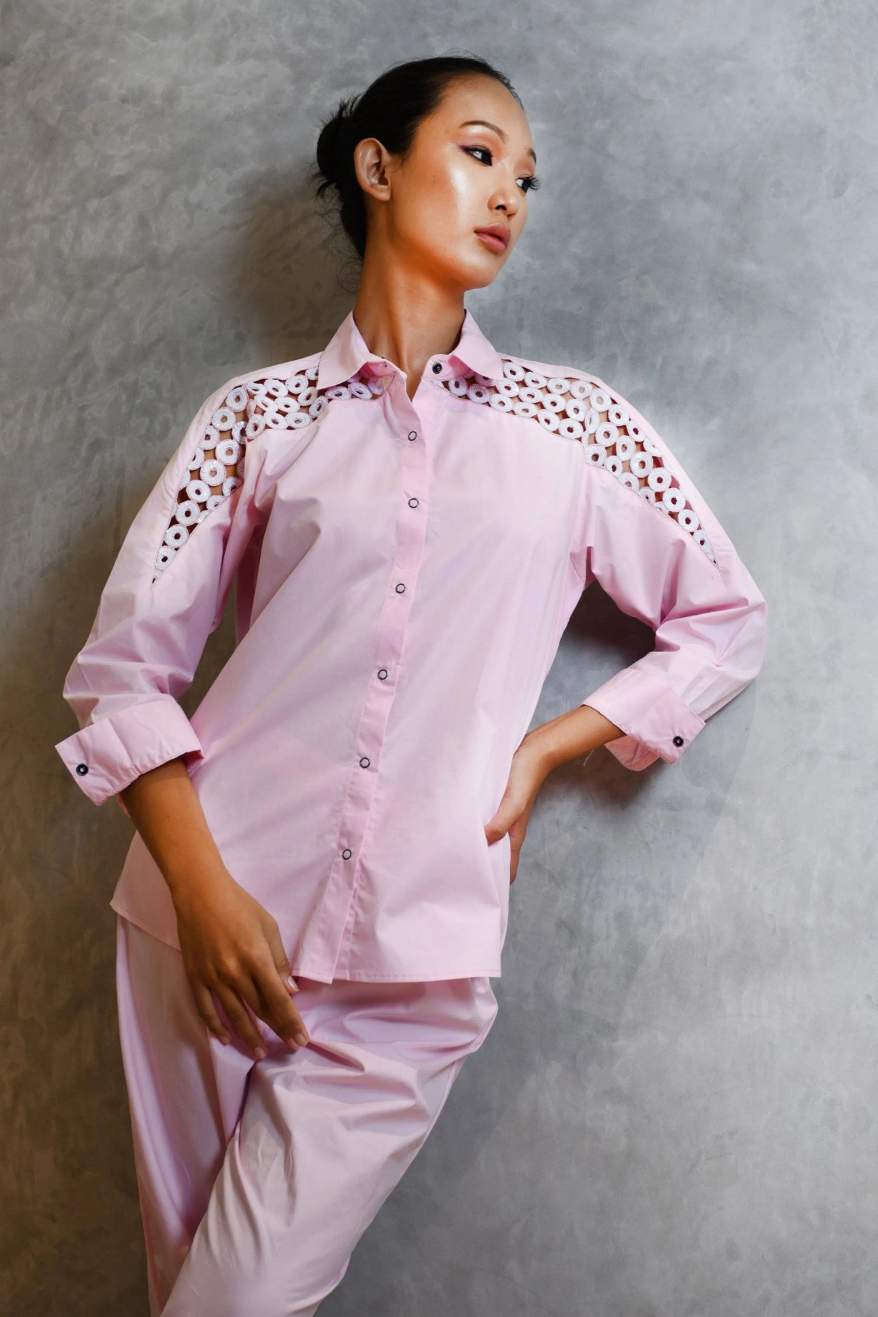 Pink Cotton Co-Ord Set With Cutwork Embroidery Shirt And Pants Set