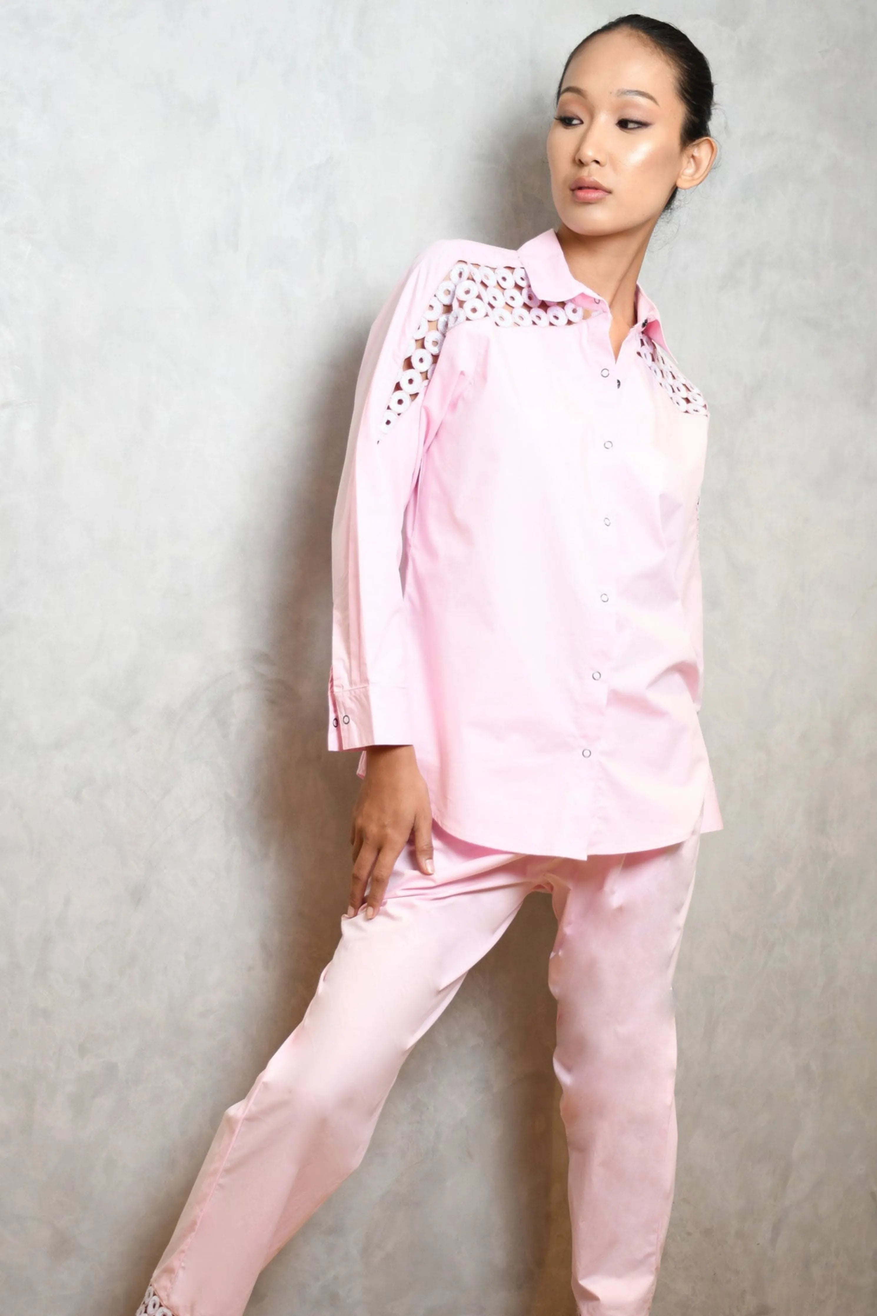 Pink Cotton Co-Ord Set With Cutwork Embroidery Shirt And Pants Set