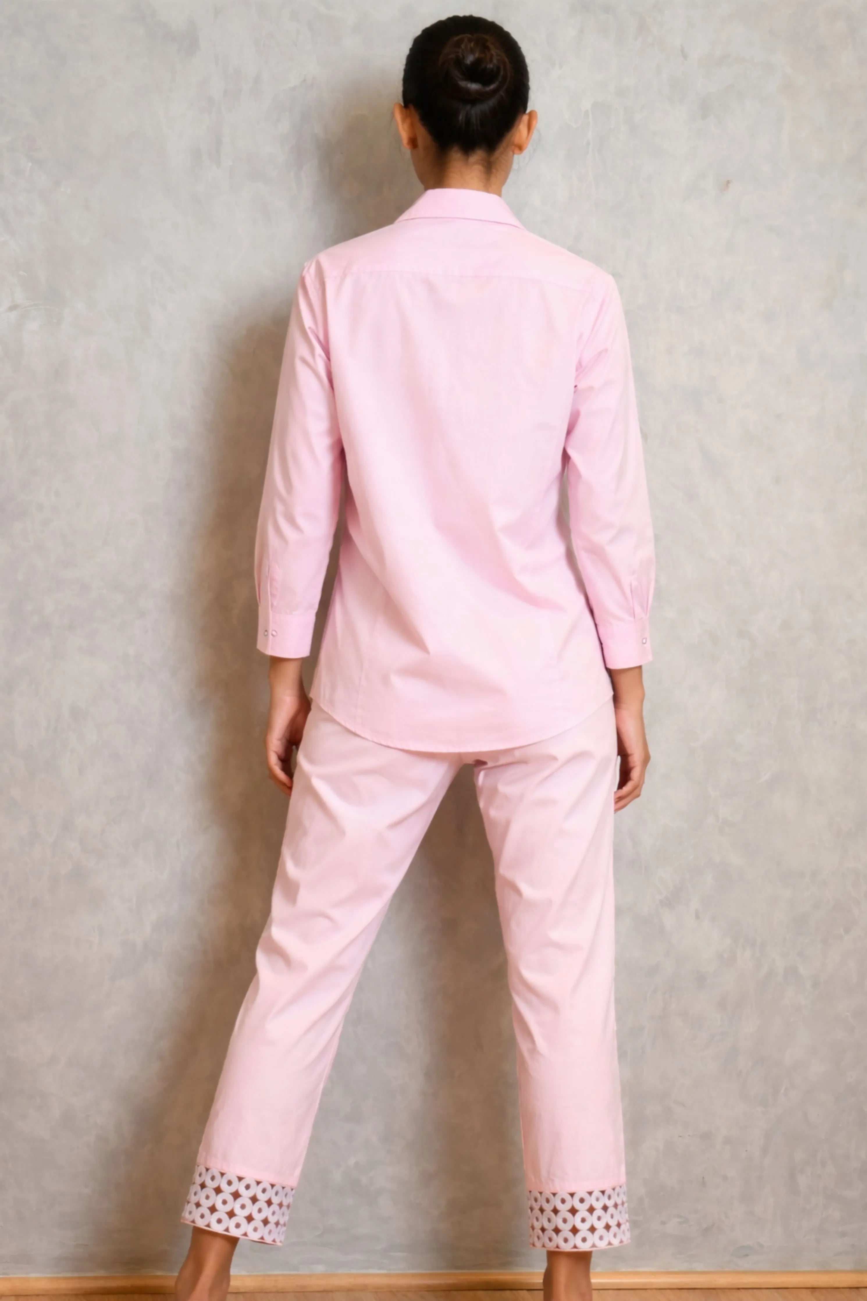 Pink Cotton Co-Ord Set With Cutwork Embroidery Shirt And Pants Set