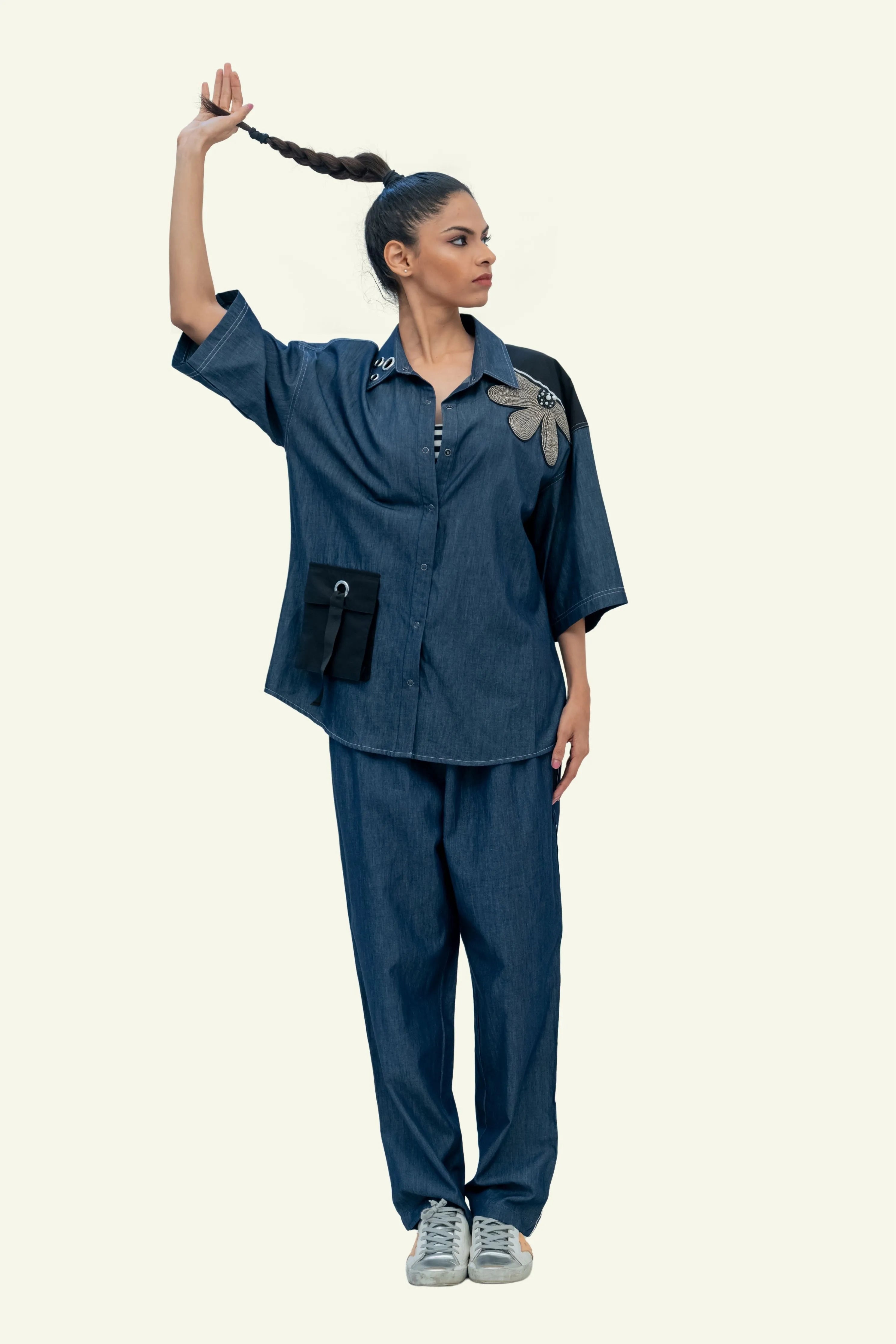 Blue Denim Cotton Oversized Shirt with Embroidery