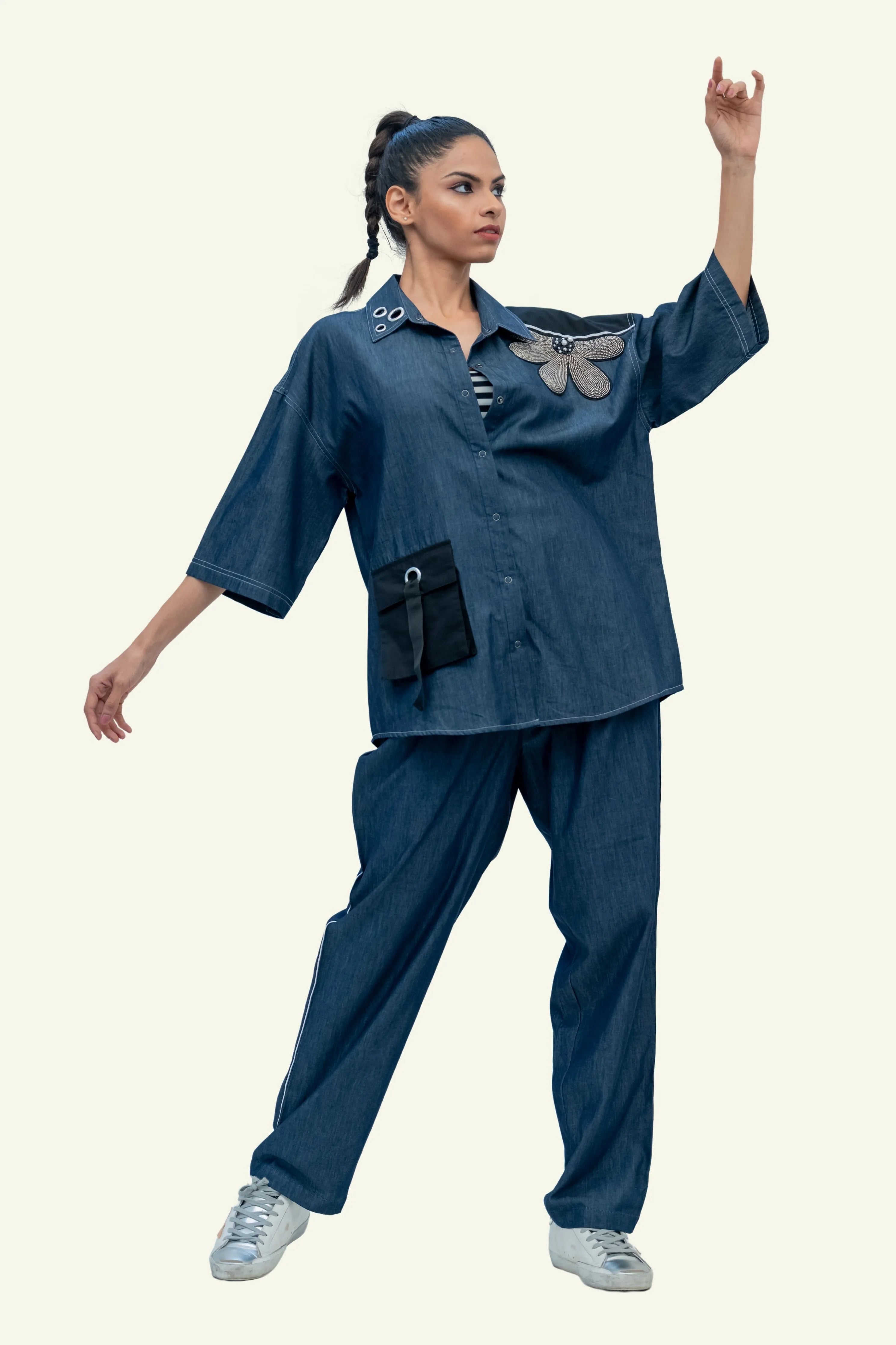 Blue Denim Cotton Oversized Shirt with Pants Co-ord Set with Embroidery