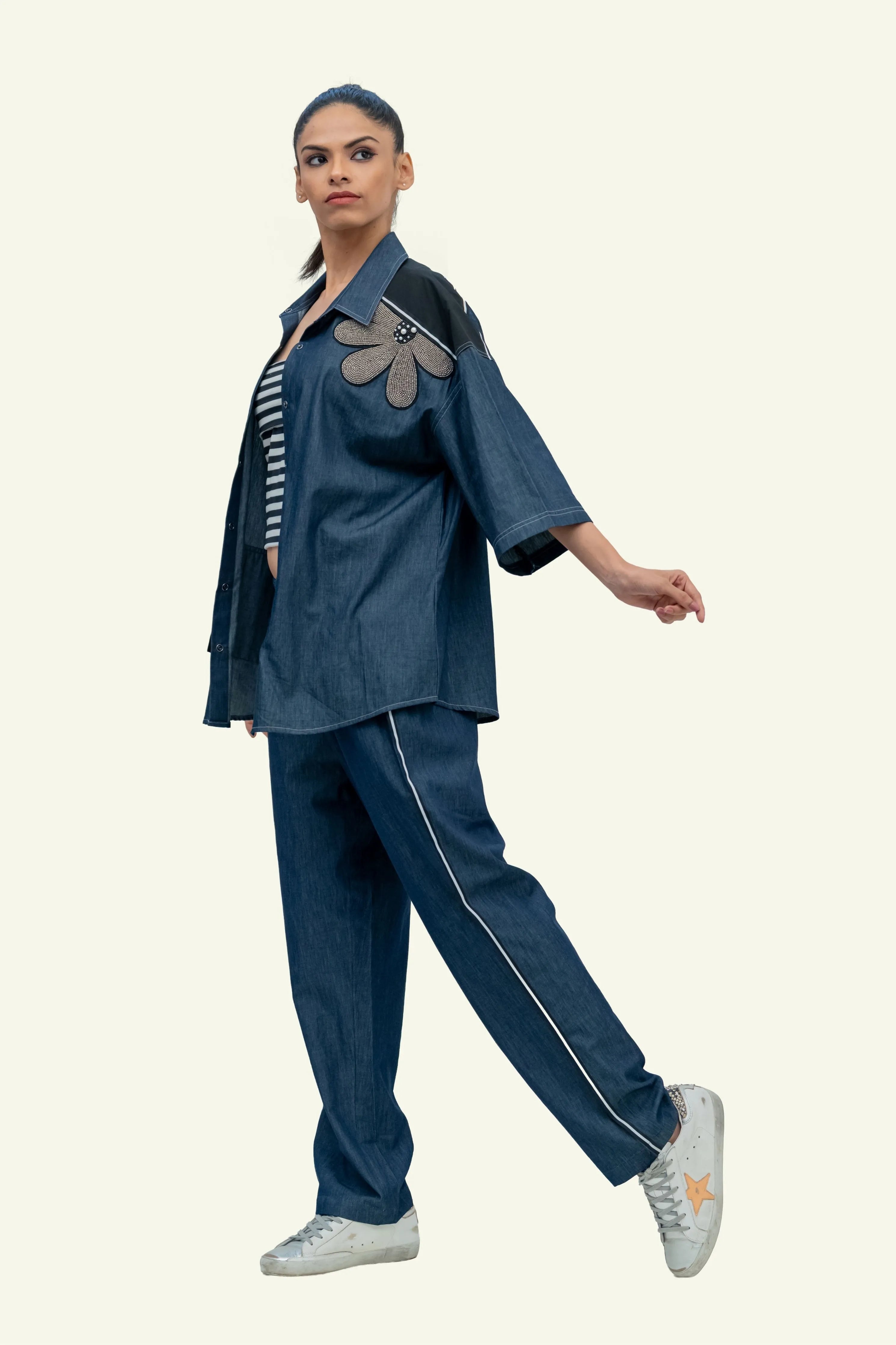 Blue Denim Cotton Oversized Shirt with Pants Co-ord Set with Embroidery