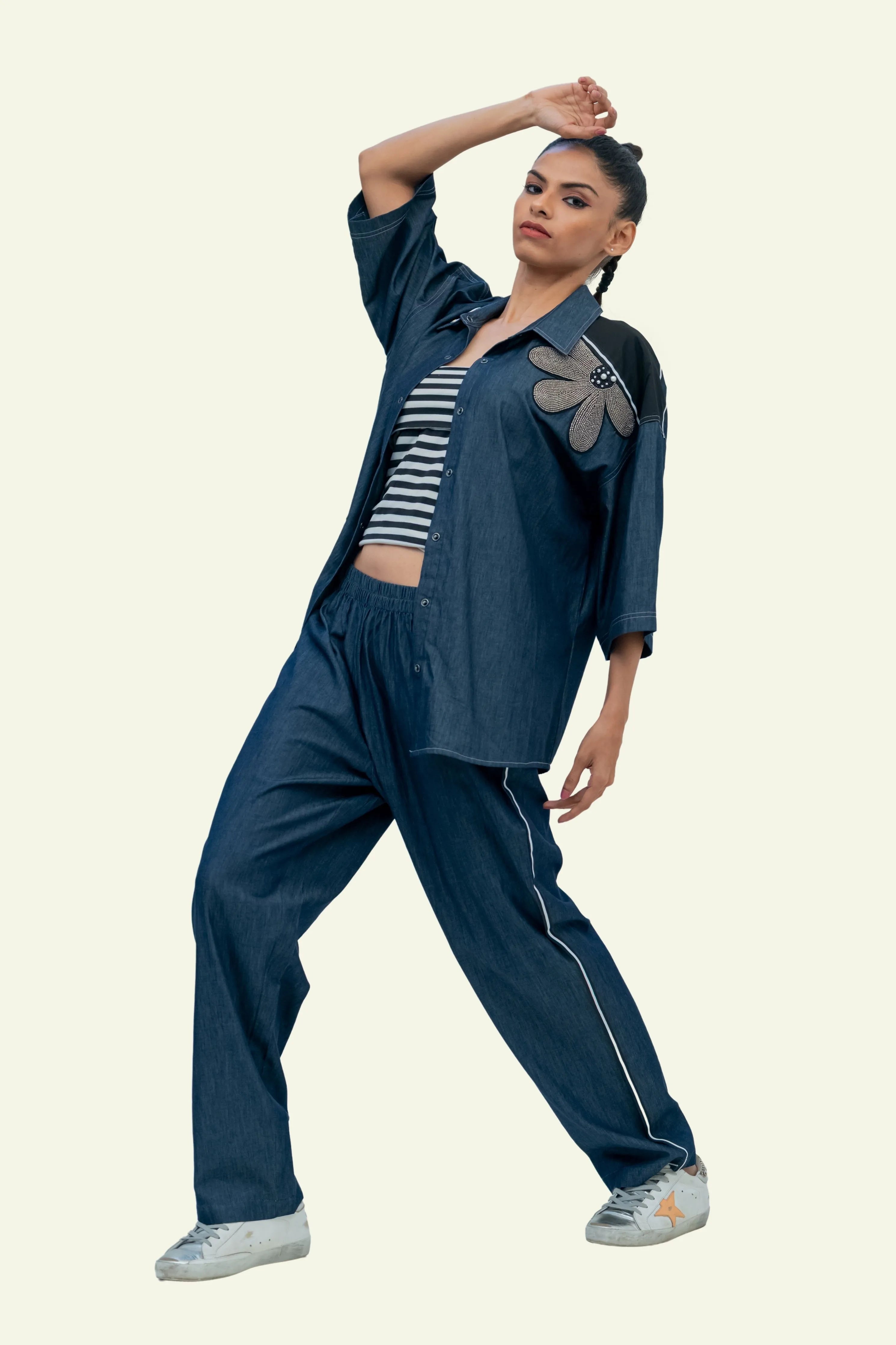 Blue Denim Cotton Oversized Shirt with Pants Co-ord Set with Embroidery