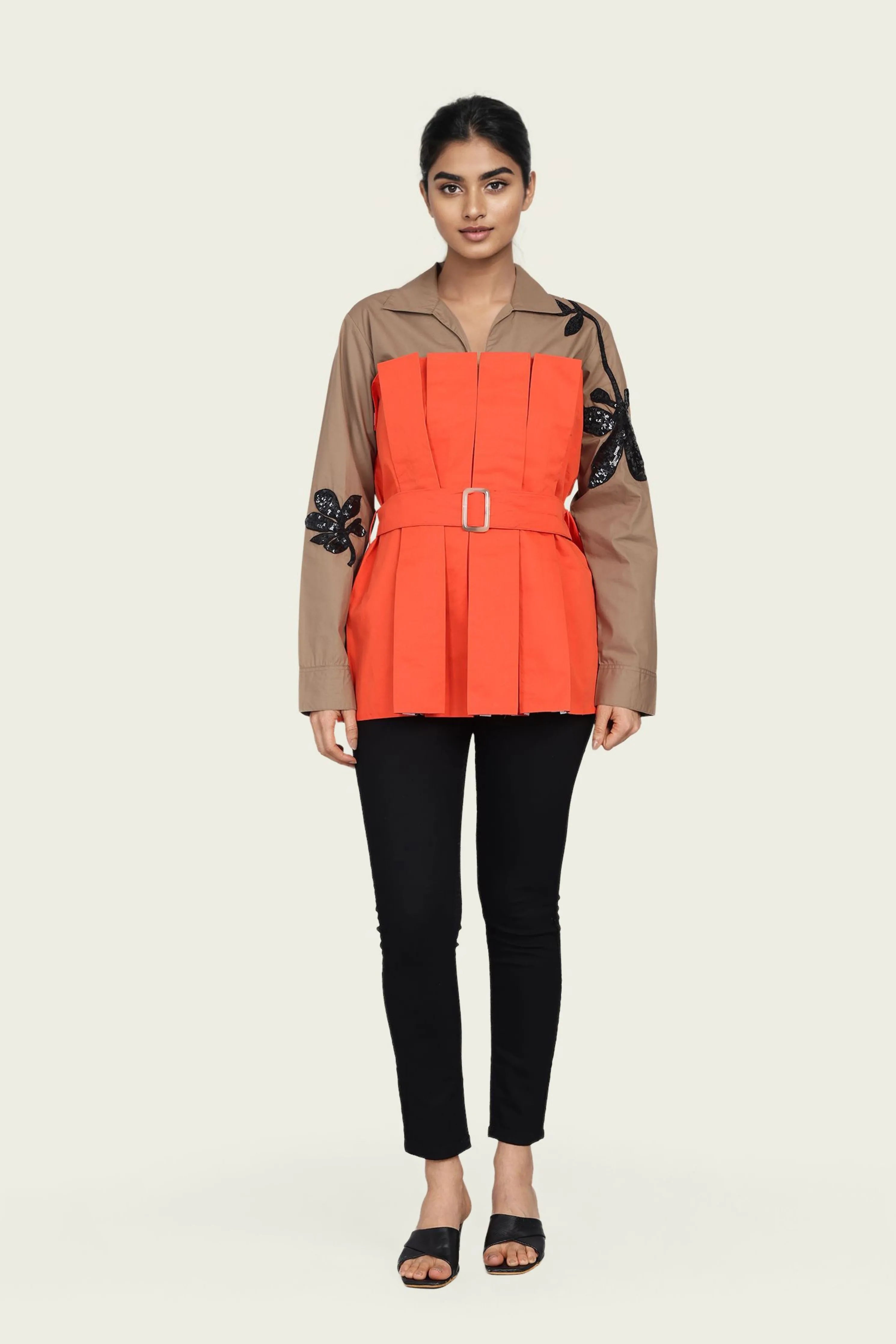 Brown and Orange Cotton Corset Shirt with Embroidery