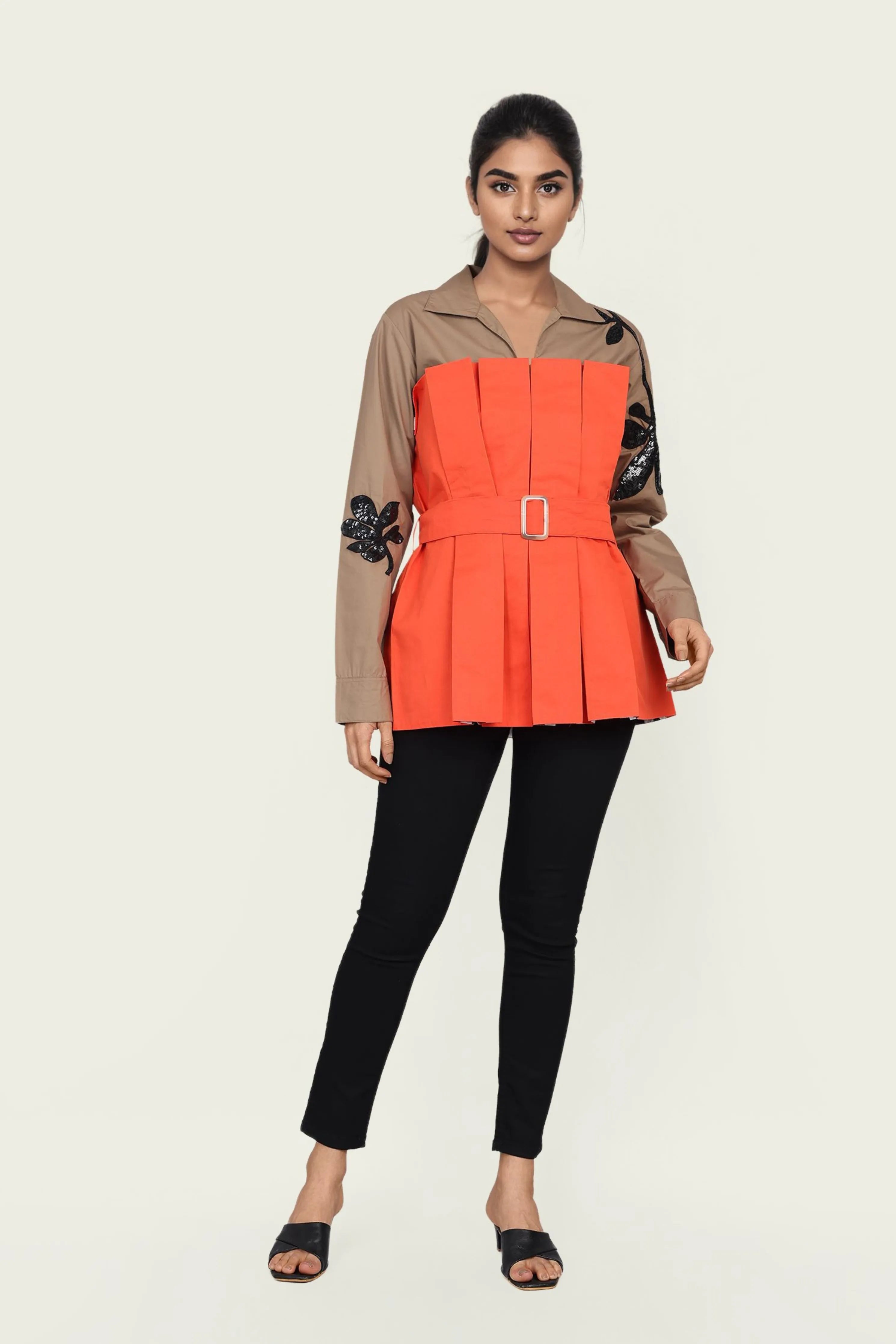 Brown and Orange Cotton Corset Shirt with Embroidery