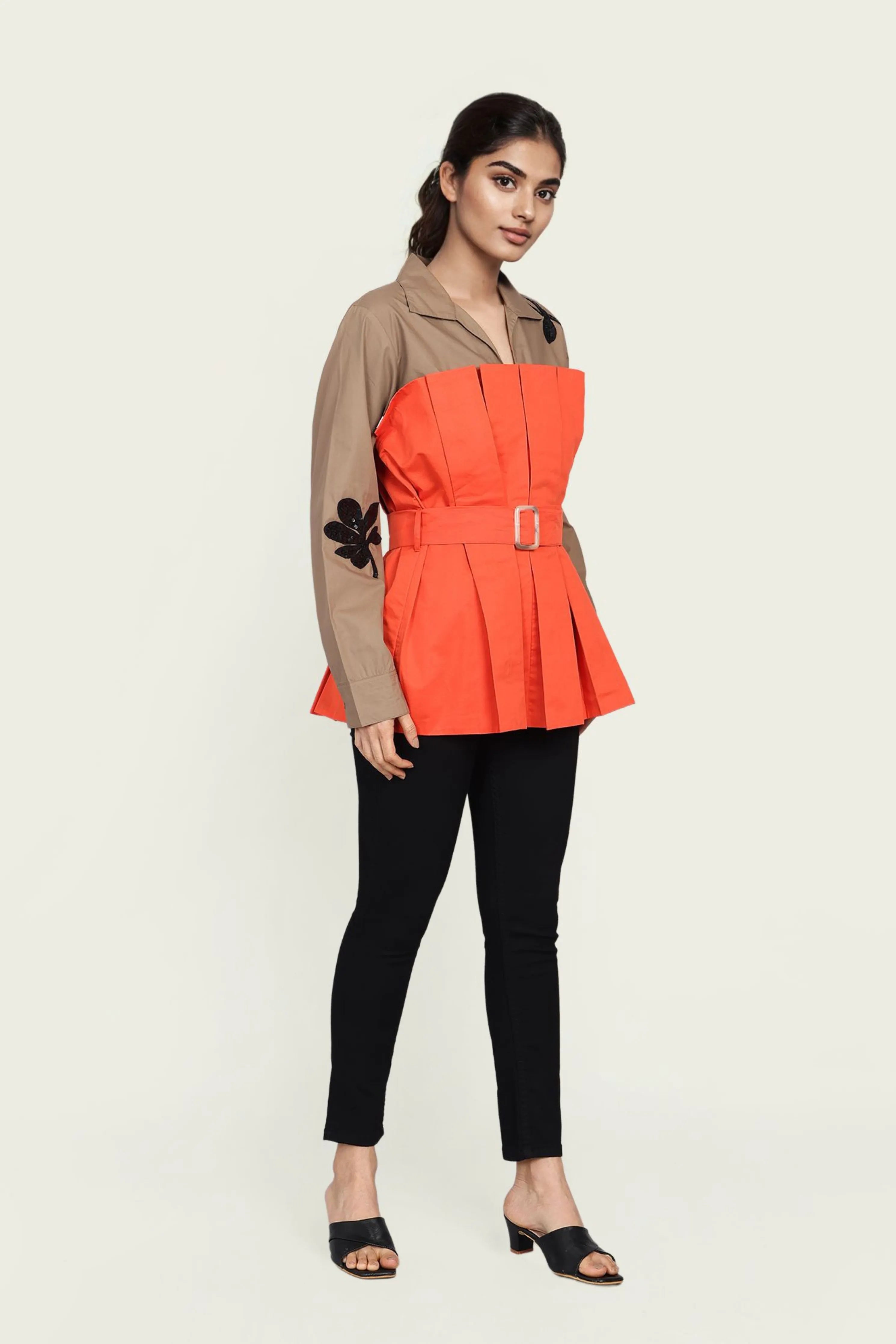 Brown and Orange Cotton Corset Shirt with Embroidery