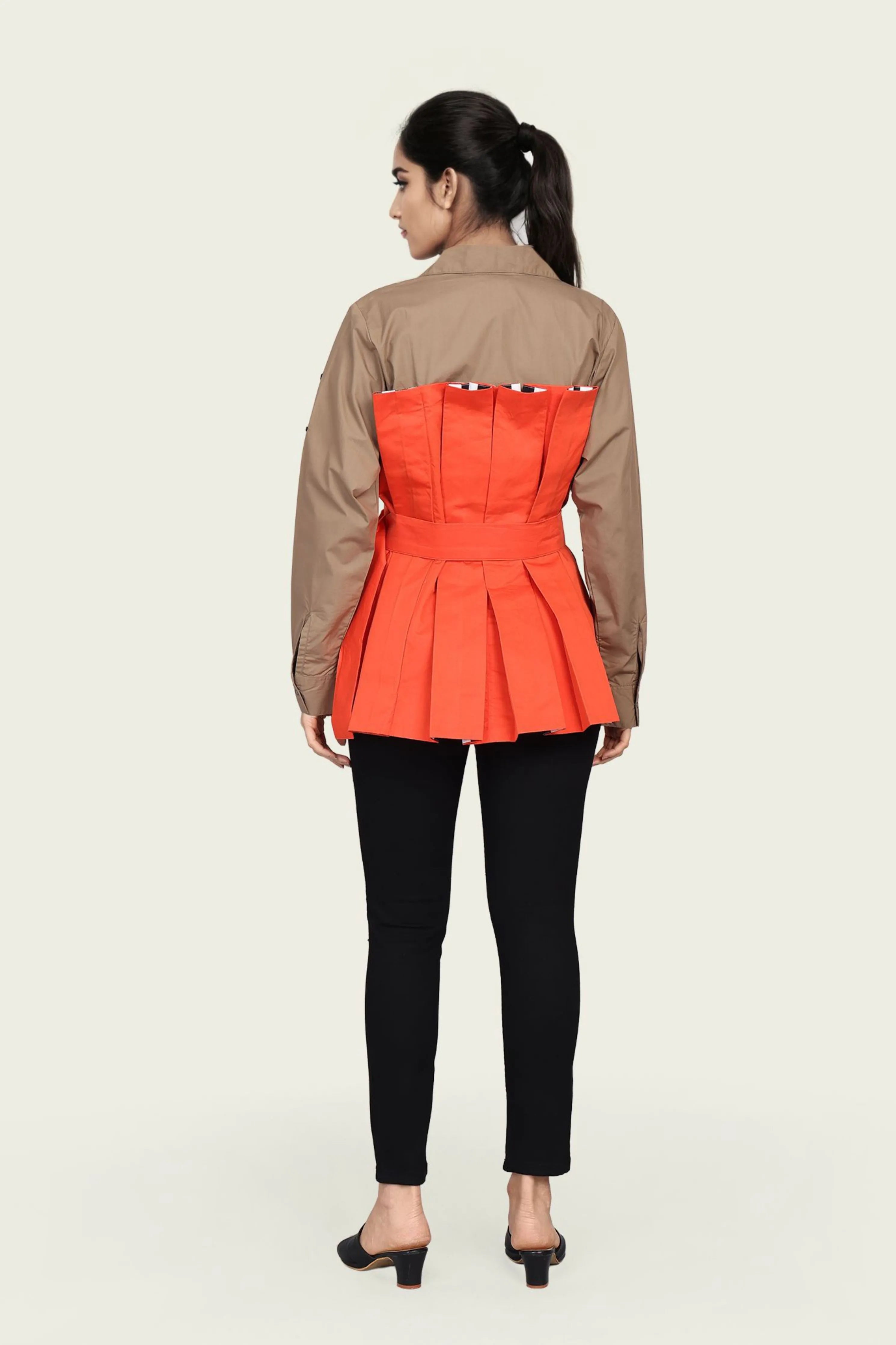 Brown and Orange Cotton Corset Shirt with Embroidery