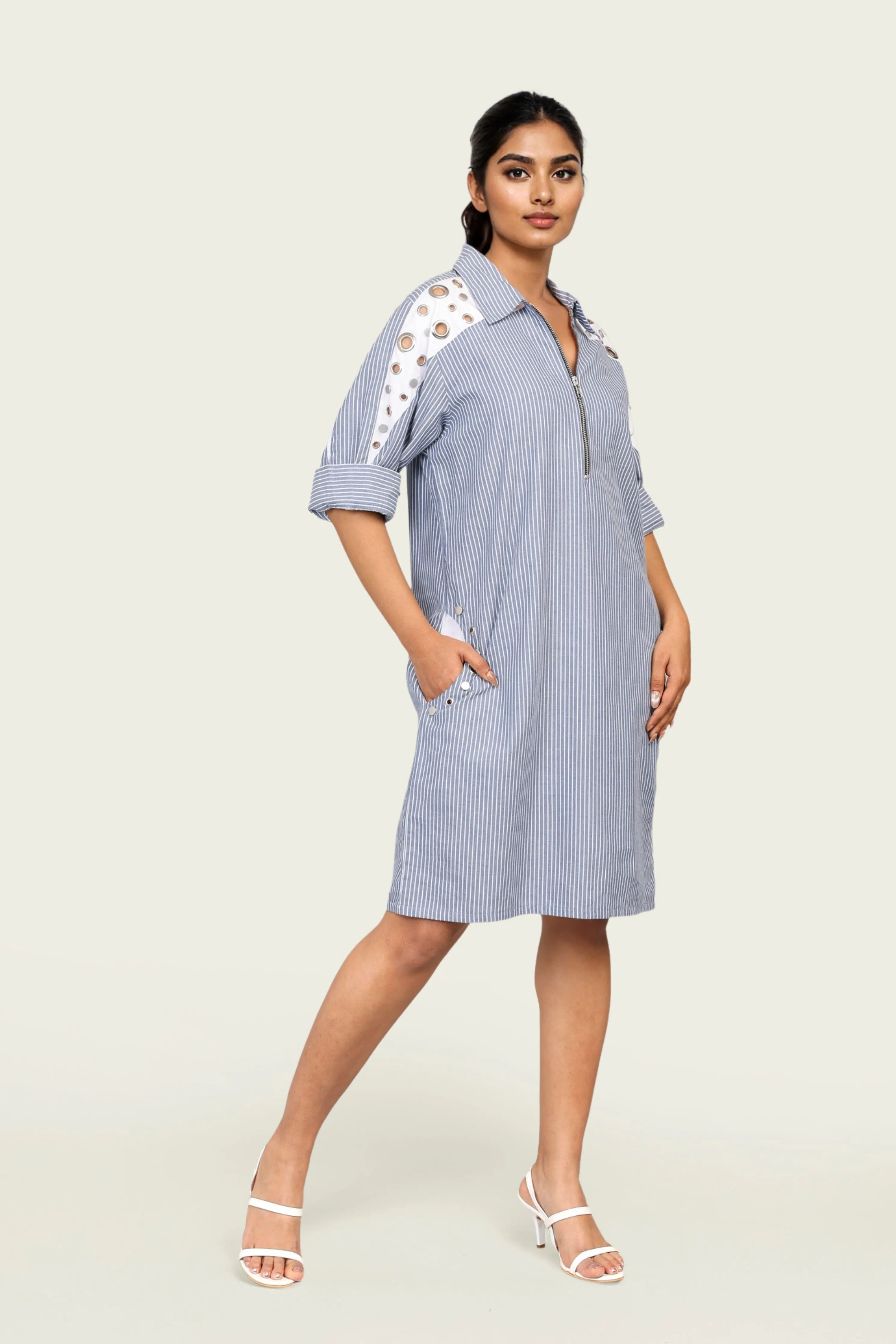 Blue and White Stripe One Piece Cotton Dress with Eyelets and Snap Buttons